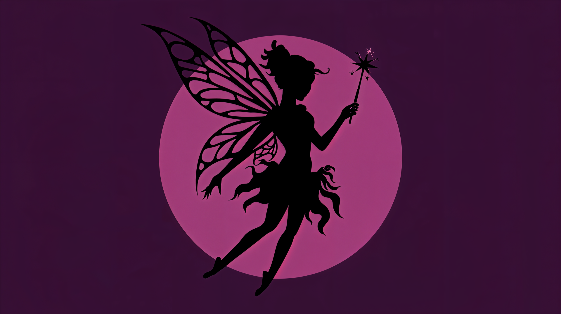 A gothic fairy silhouette stands against a vibrant purple circle, holding a wand, creating an enchanting atmosphere in this 4K Ultra HD desktop wallpaper.