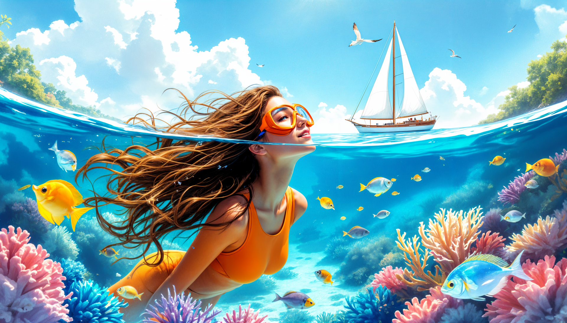 A vibrant 4K Ultra HD desktop wallpaper featuring a woman snorkeling beneath crystal-clear waters, surrounded by colorful fish and coral, with a sailboat in the background.