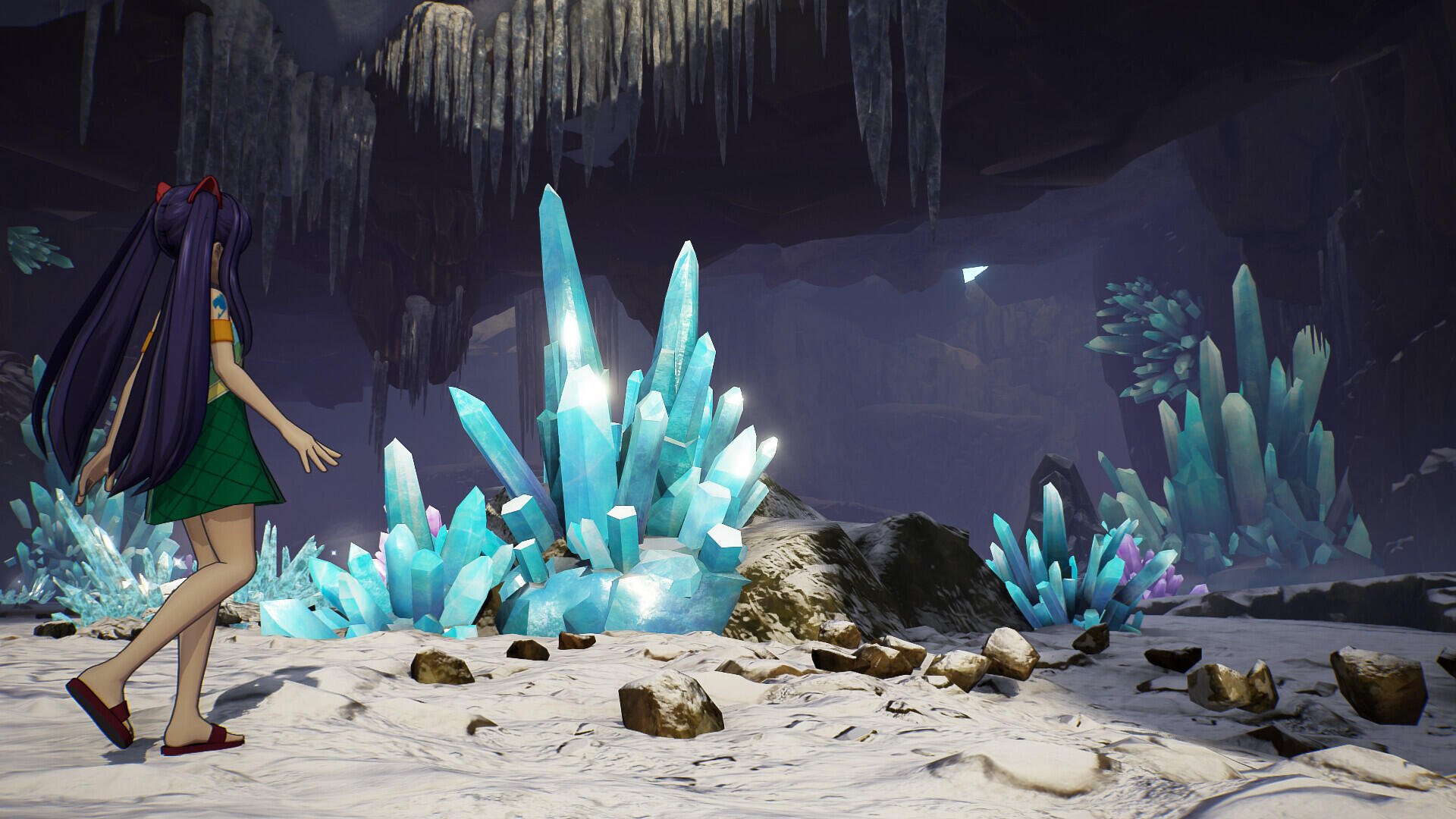 A vibrant HD PC desktop wallpaper featuring a character from FAIRY TAIL 2 exploring a mystical cave adorned with sparkling turquoise crystals and a serene, shadowy backdrop.