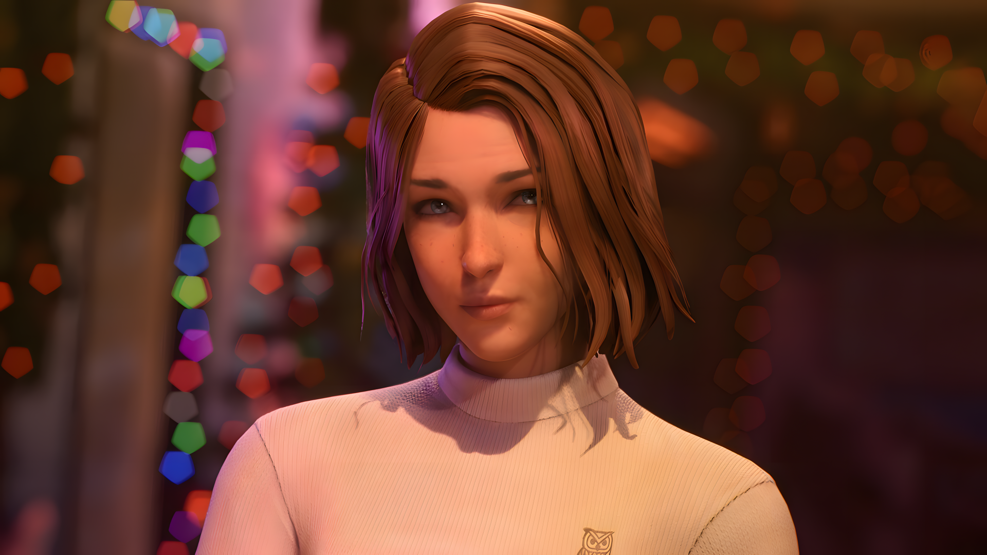 A 4K Ultra HD wallpaper featuring a character from the video game Life is Strange: Double Exposure, set against a backdrop of colorful lights.