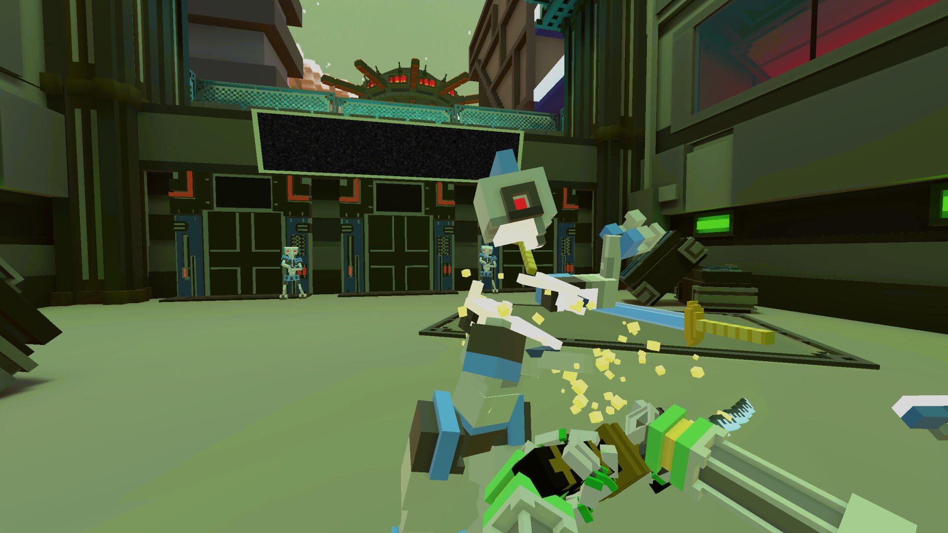 An engaging HD desktop wallpaper from the video game Clone Drone in the Hyperdome, showcasing a dynamic battle scene with colorful robotic characters and futuristic environments.