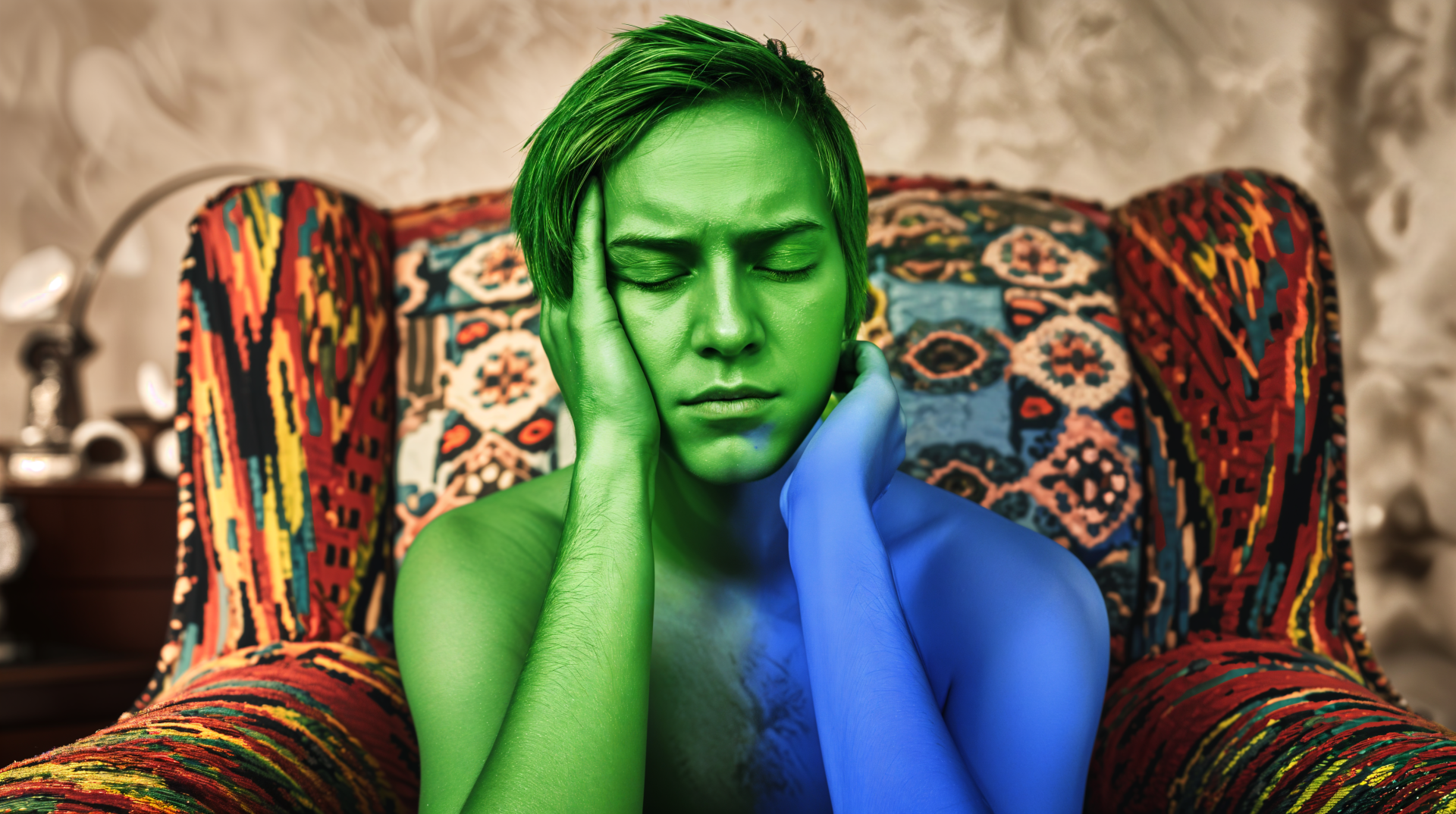 A tired individual rests with their head in their hands, seated in a colorful armchair. Their skin is artistically tinted in green and blue, creating a striking effect in this 4K Ultra HD wallpaper.