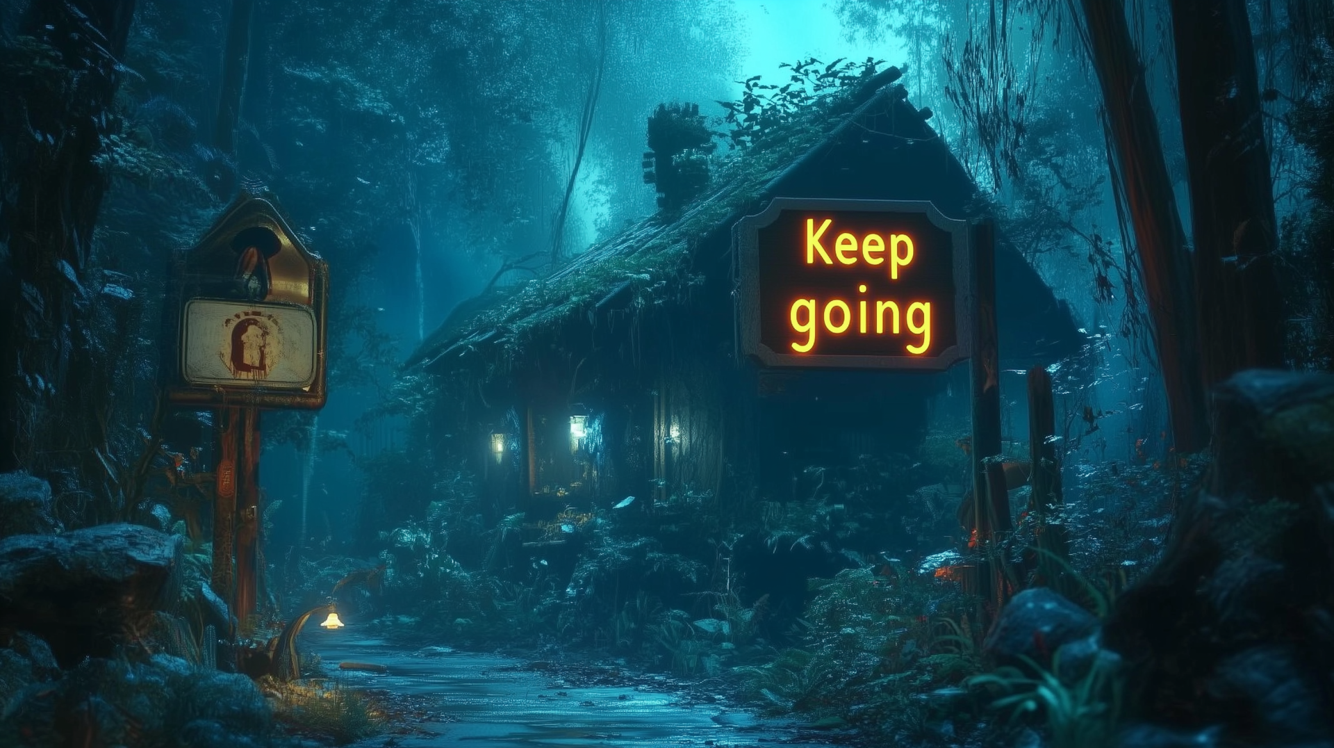 HD fantasy desktop wallpaper featuring a mystical forest cabin illuminated by glowing lights and a neon sign that reads Keep going in an enchanted nighttime setting.