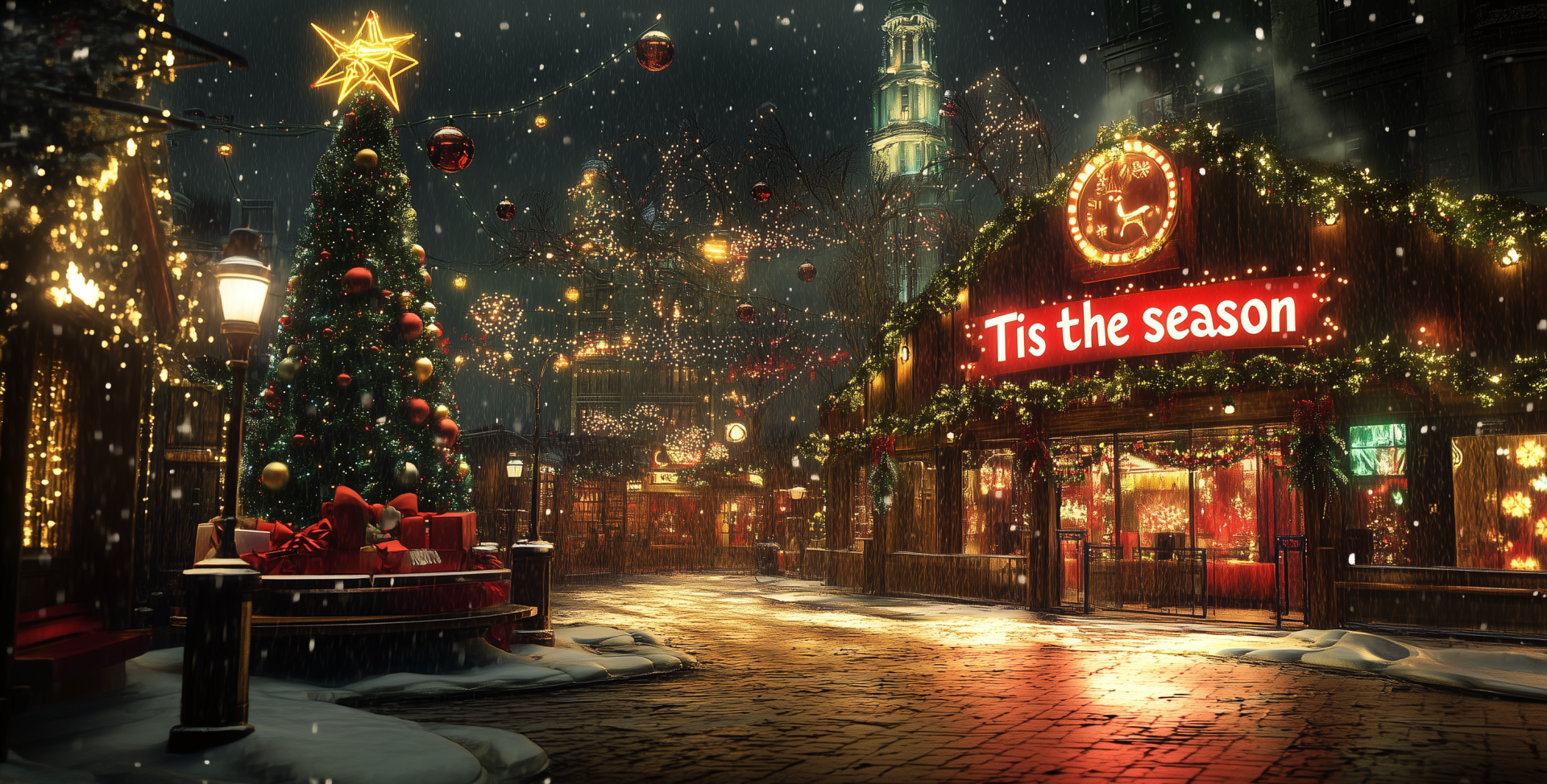 A festive Christmas town scene featuring a glowing Christmas tree and charming decorations. “Tis the season” sign adds warmth to this enchanting winter landscape.