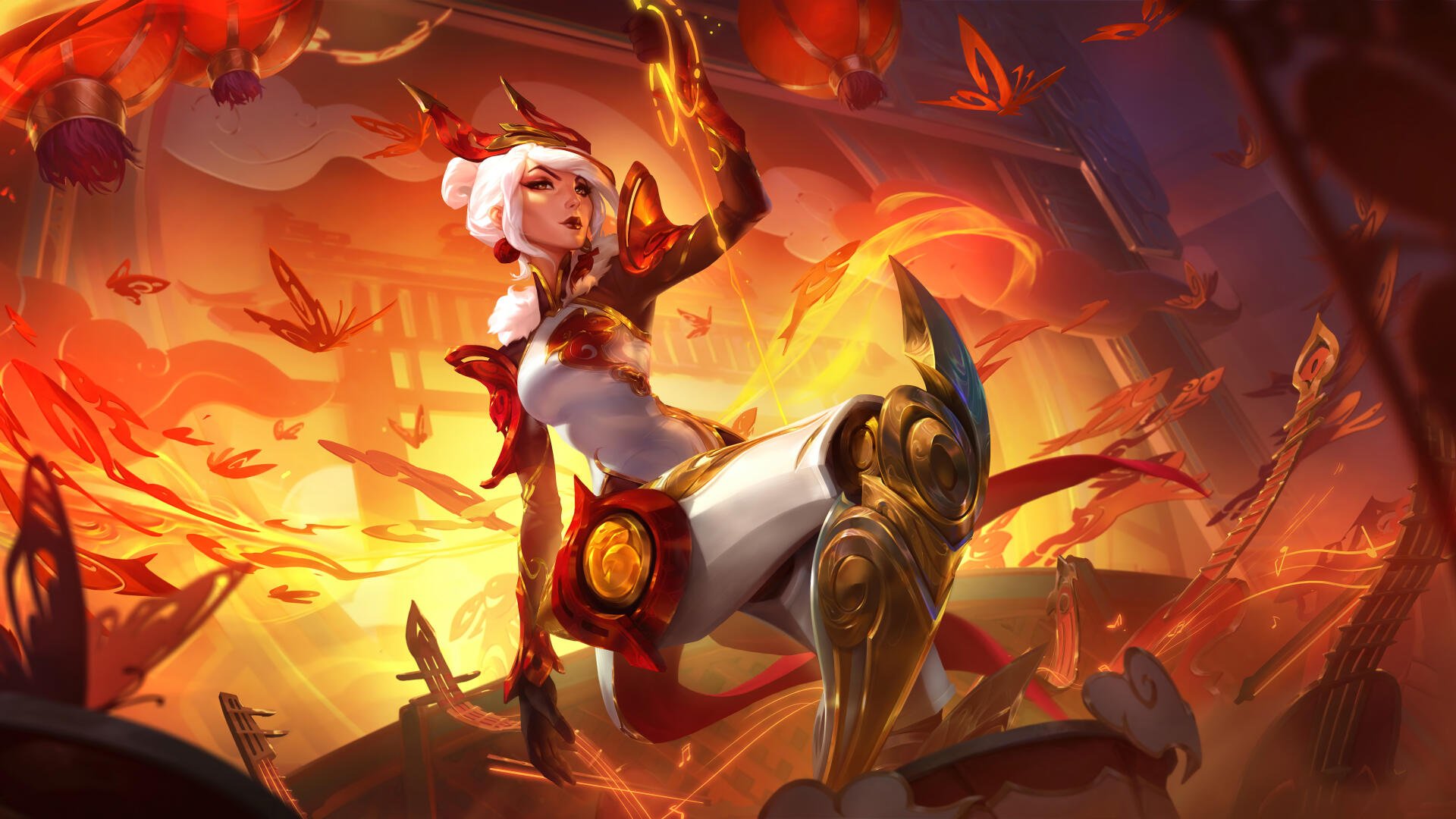 An 8K Ultra HD wallpaper featuring Camille from League of Legends, set against a vibrant background with dynamic orange hues and swirling butterflies, capturing the action of League of Legends: Wild Rift.