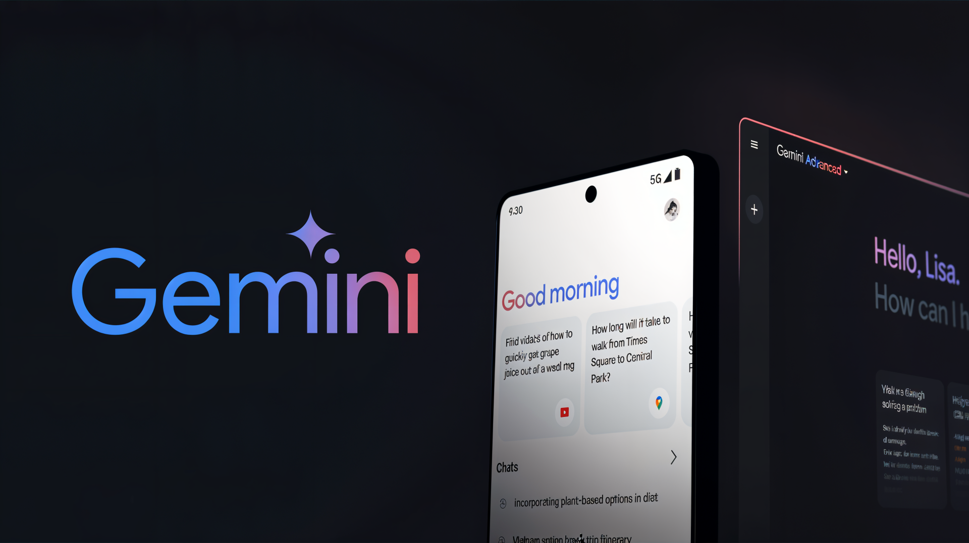 A sleek 4K Ultra HD wallpaper featuring Google AI's Gemini interface, showcasing a welcoming message and a modern, minimalistic design against a dark background.