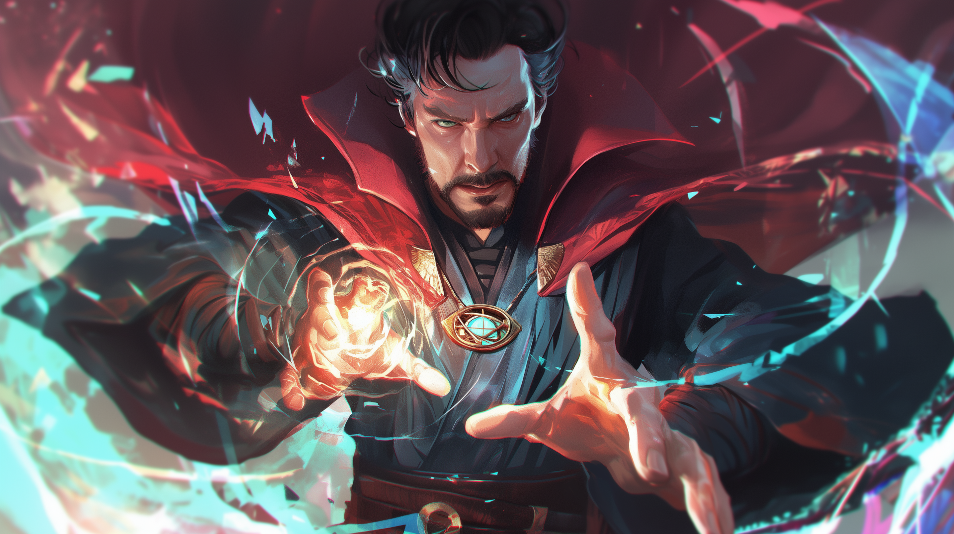 HD PC desktop wallpaper featuring Doctor Strange casting a magical spell, depicted in vibrant comic-style artwork with glowing mystical effects.