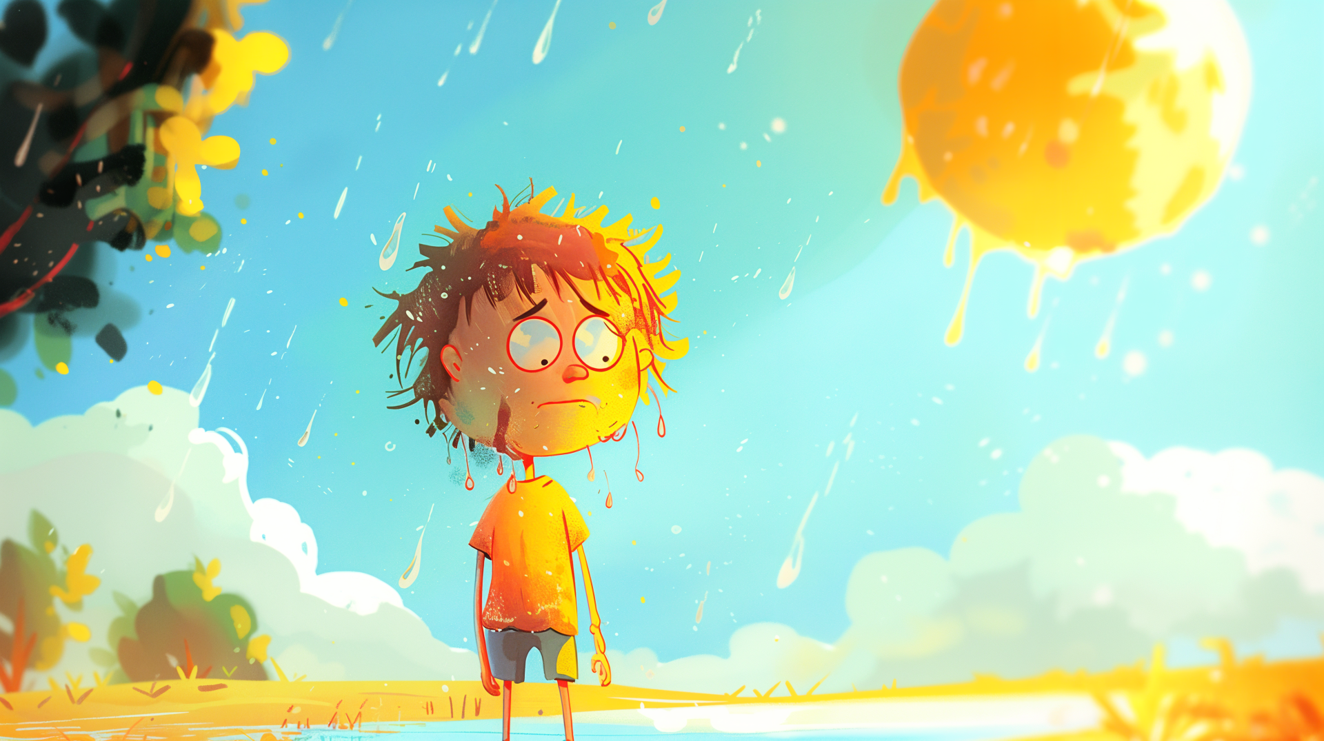 A sunny, playful scene features a child standing in a field, looking up at a melting sun. This vibrant 4K Ultra HD wallpaper captures a whimsical, bright atmosphere.