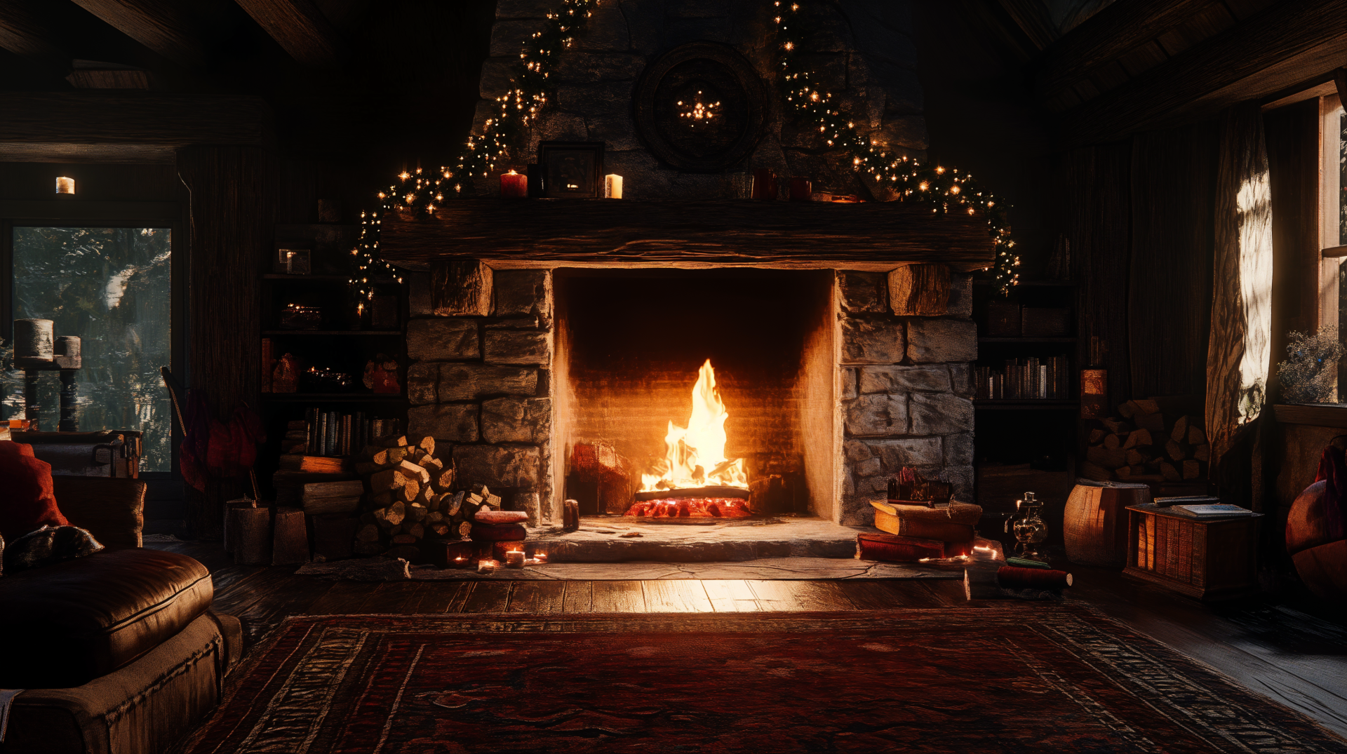 A cozy fireplace surrounded by warm decor in a dimly lit room, adorned with festive garlands. This inviting scene makes a charming 4K Ultra HD desktop wallpaper.
