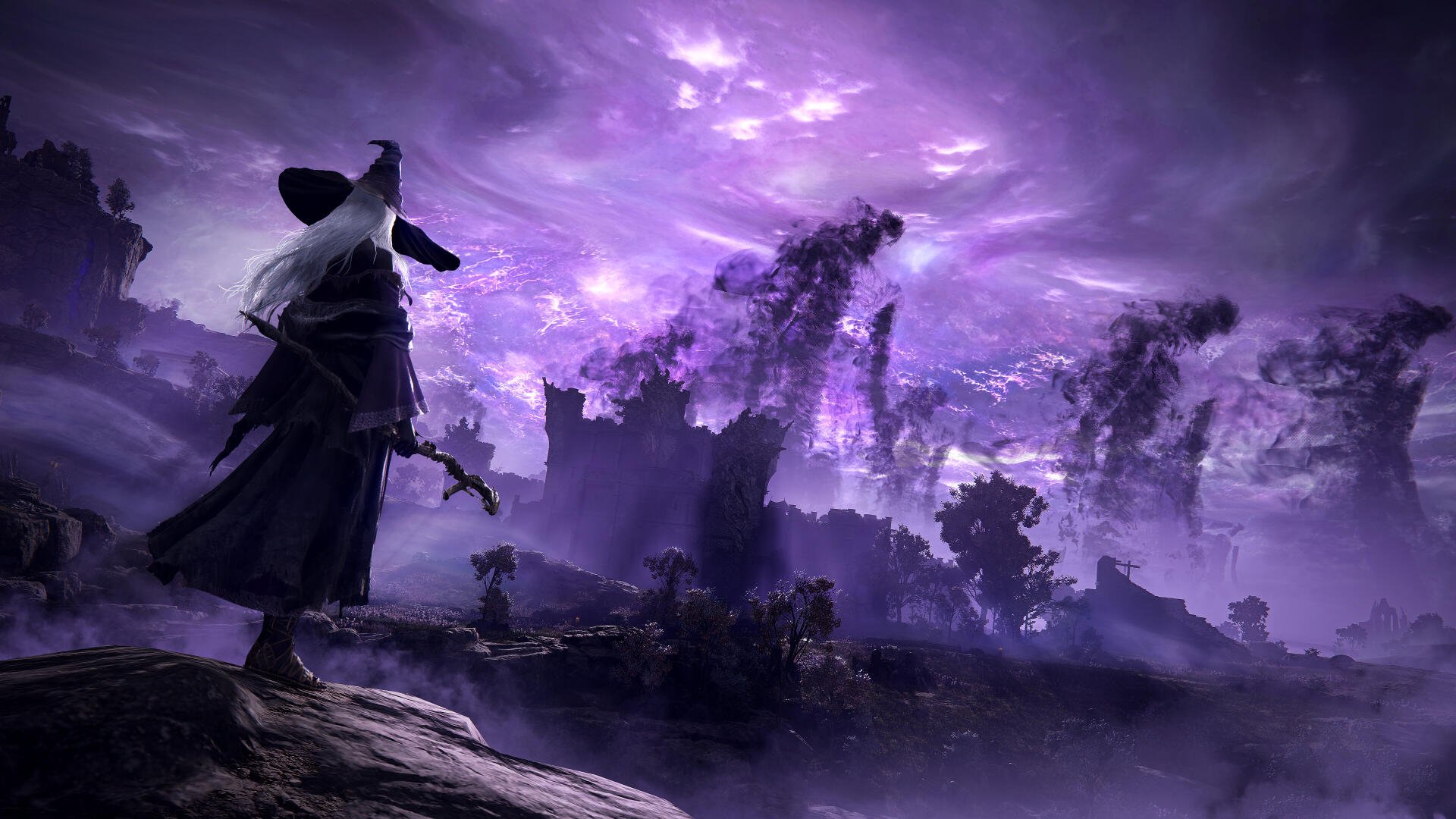 A sorcerer in a flowing dark robe stands against a dramatic purple sky, evoking the mystical world of Elden Ring Nightreign in this stunning 4K Ultra HD desktop wallpaper.