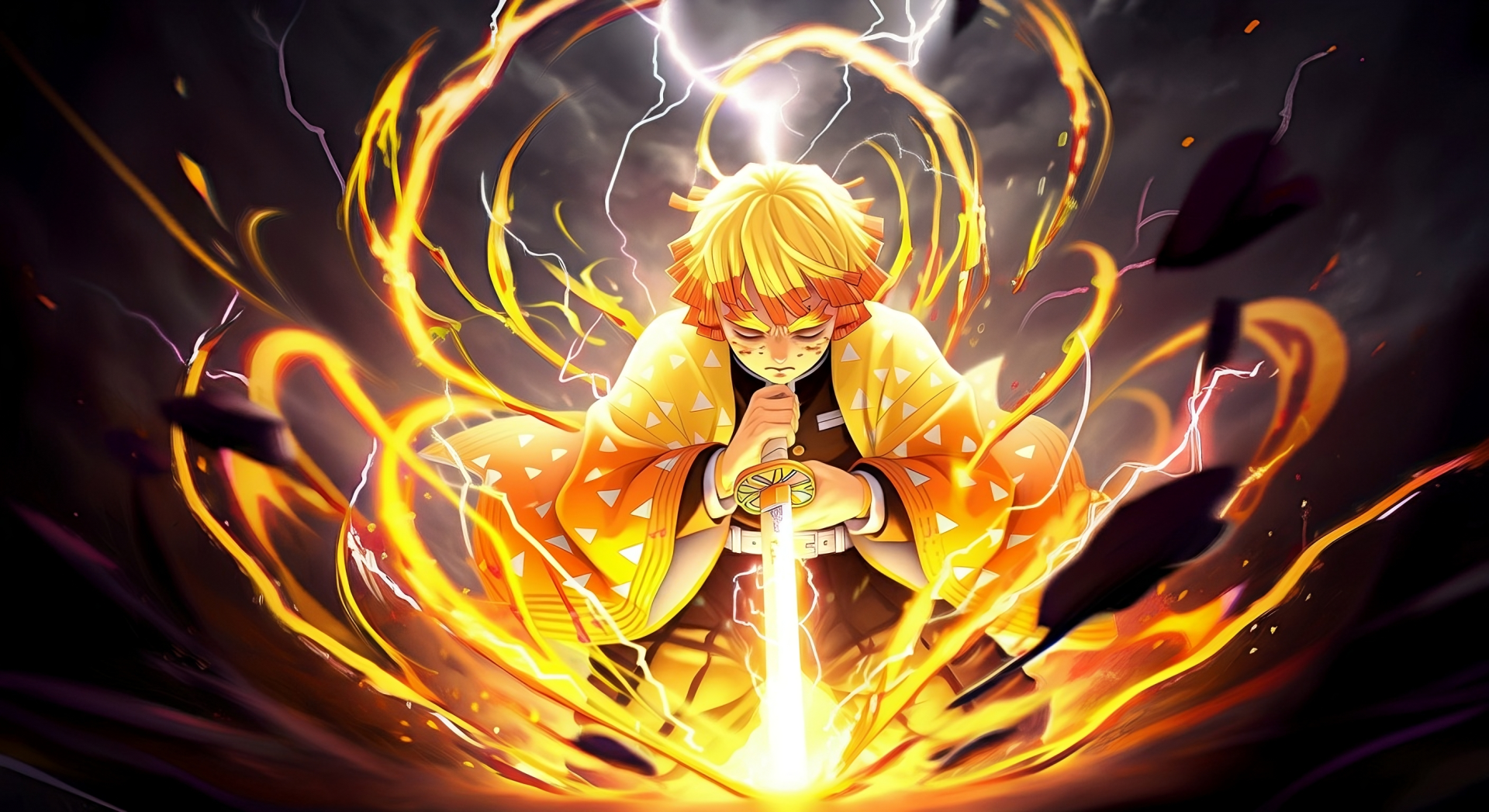 HD PC desktop wallpaper of Zenitsu Agatsuma from Demon Slayer: Kimetsu no Yaiba, surrounded by glowing lightning and fiery energy.