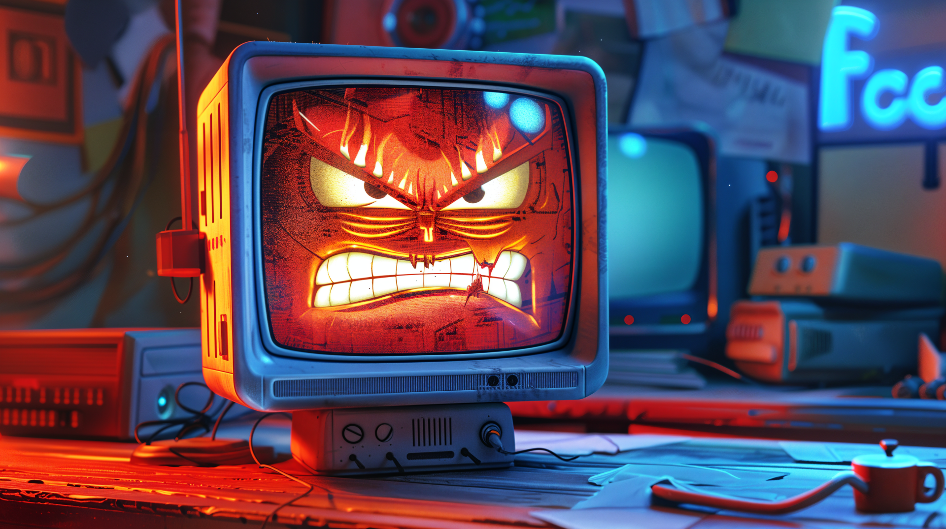 An angry computer emits a fierce expression on its screen, set against a cluttered workspace. This vibrant 4K Ultra HD wallpaper captures a dramatic and intense atmosphere.