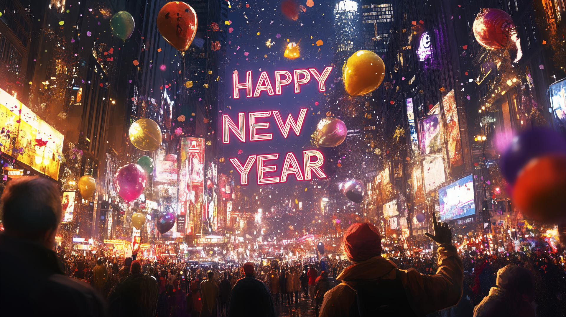 A vibrant New Year's celebration scene featuring colorful balloons and fireworks, with Happy New Year prominently displayed. This 4K Ultra HD wallpaper captures the festive spirit.