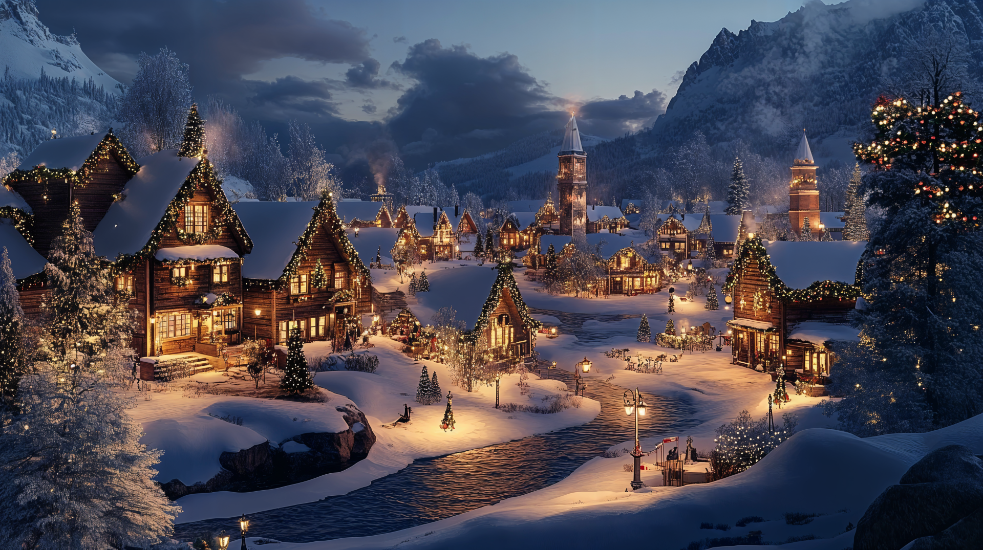 A picturesque Christmas village scene, illuminated by warm lights against a snowy landscape, set amidst mountains, designed as a stunning 4K Ultra HD desktop wallpaper.