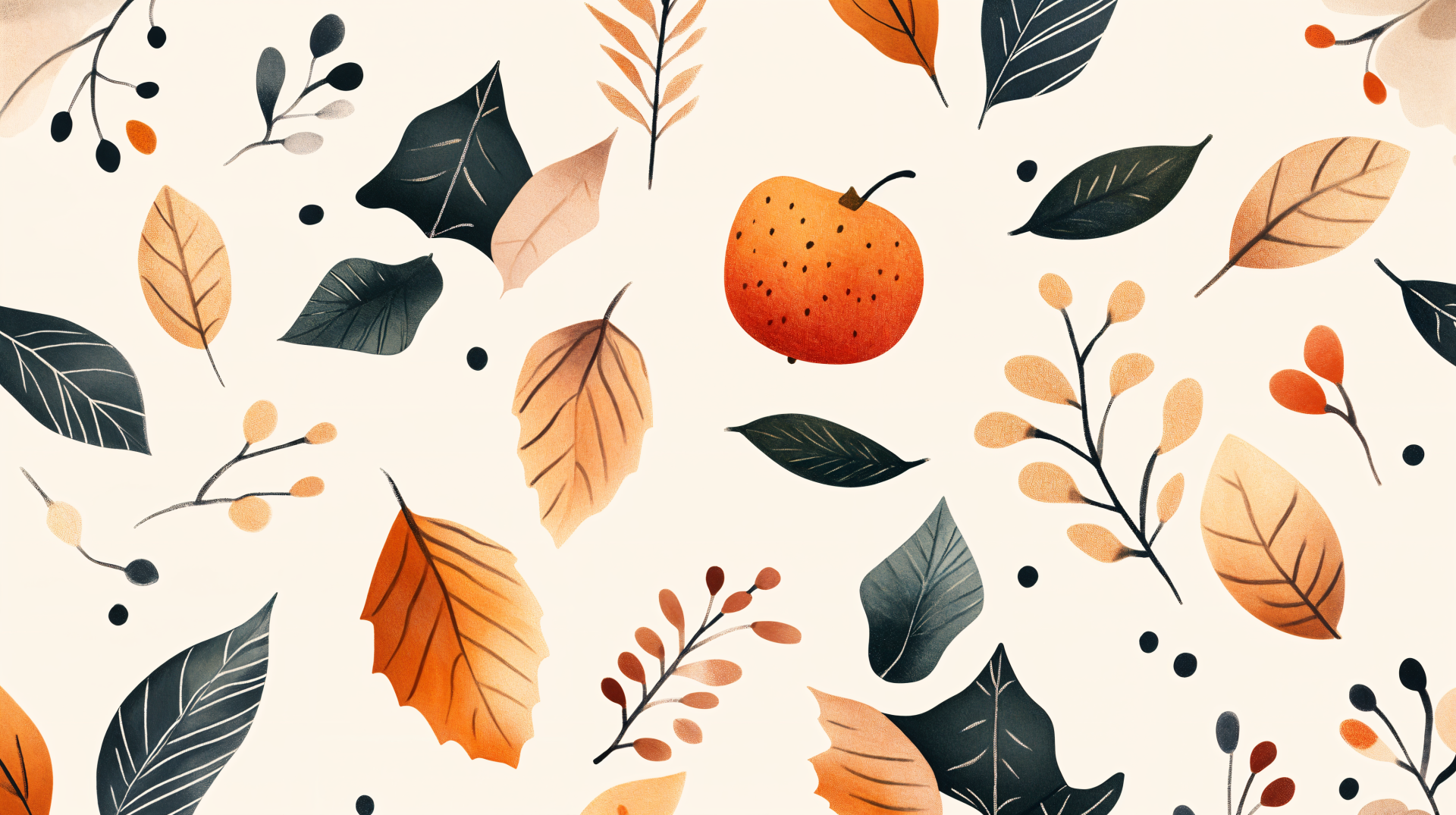 A vibrant holiday pattern featuring orange leaves, berries, and an orange fruit against a soft background, designed as a 4K Ultra HD desktop wallpaper.