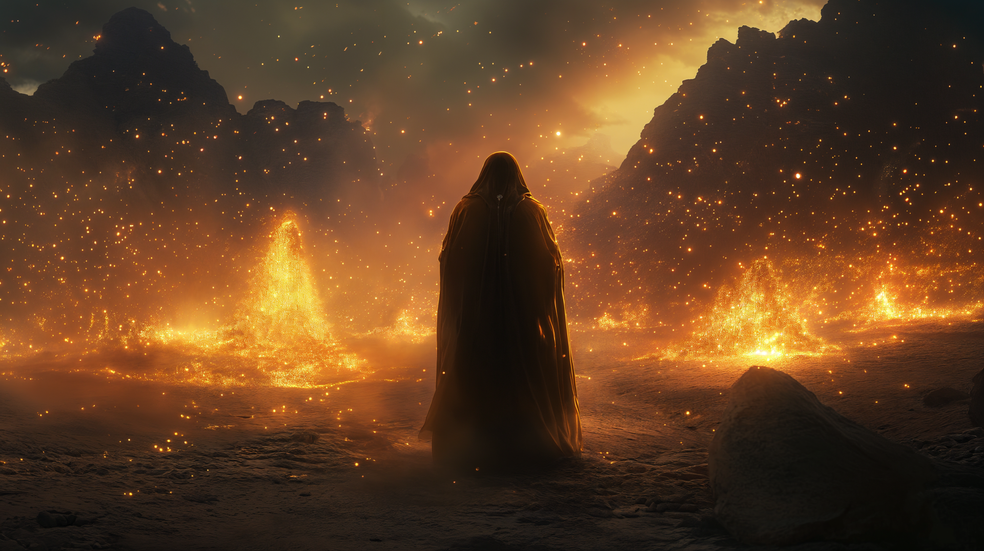 A mysterious djinn stands in a fiery landscape, surrounded by glowing embers and volcanic terrain, captured in stunning 4K Ultra HD resolution.