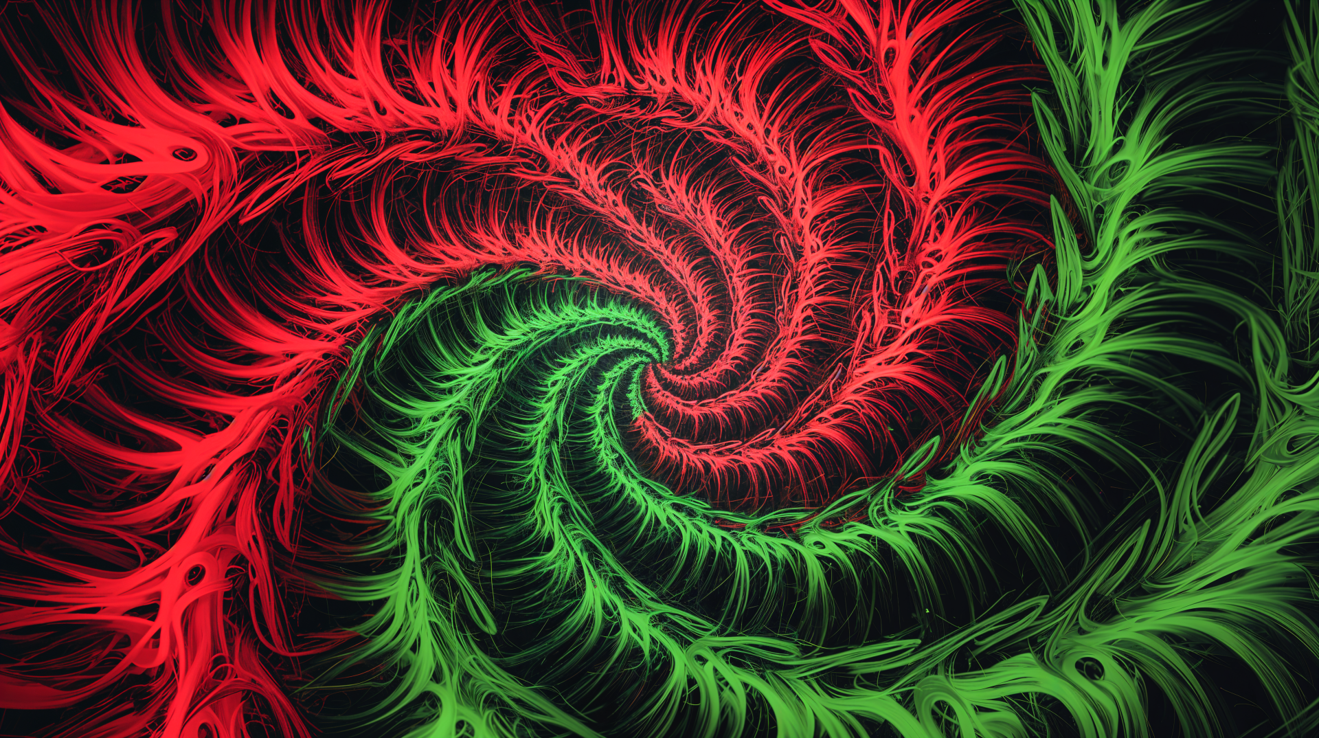 A vibrant, trippy pattern featuring swirling red and green designs on a dark background, presented as a stunning 4K Ultra HD PC desktop wallpaper and background.