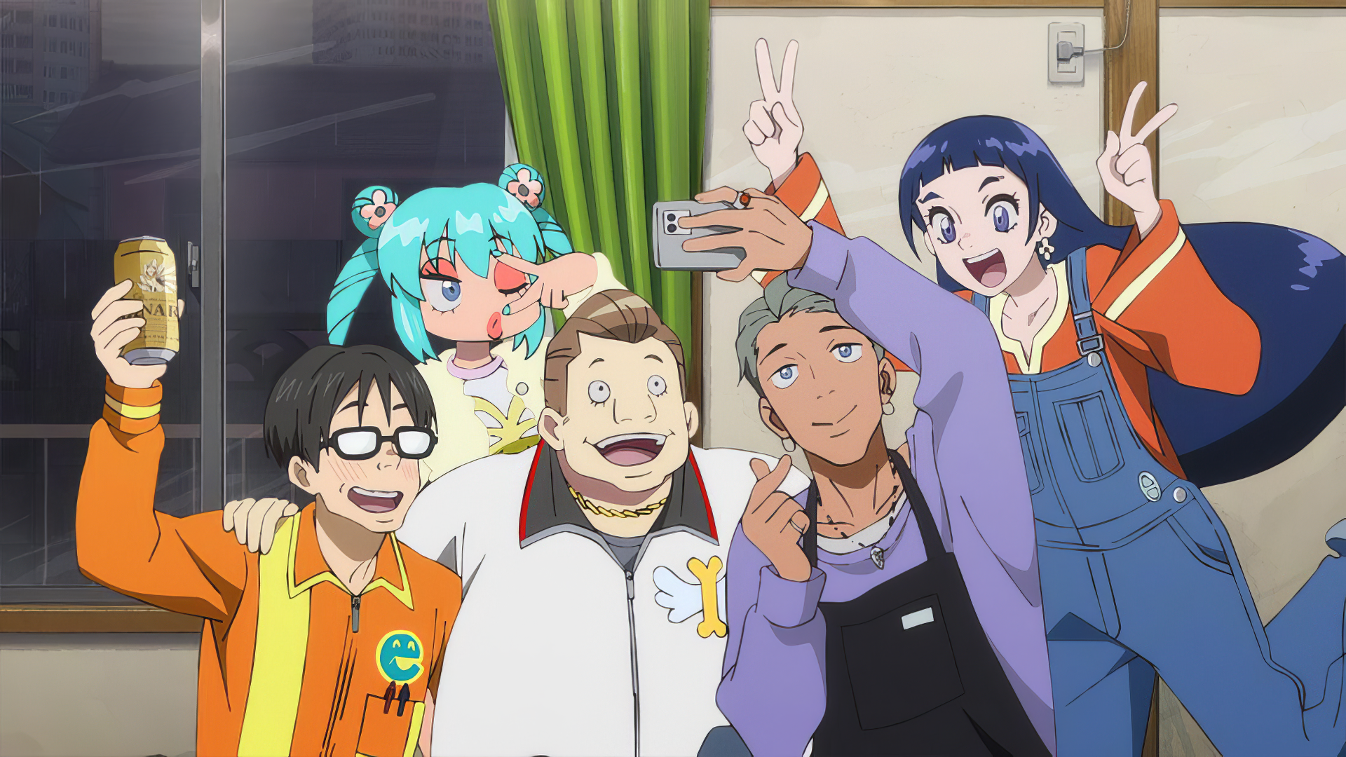 A vibrant HD anime wallpaper featuring a group of friends taking a selfie, showcasing a mix of joyful expressions and colorful outfits against a cozy background.