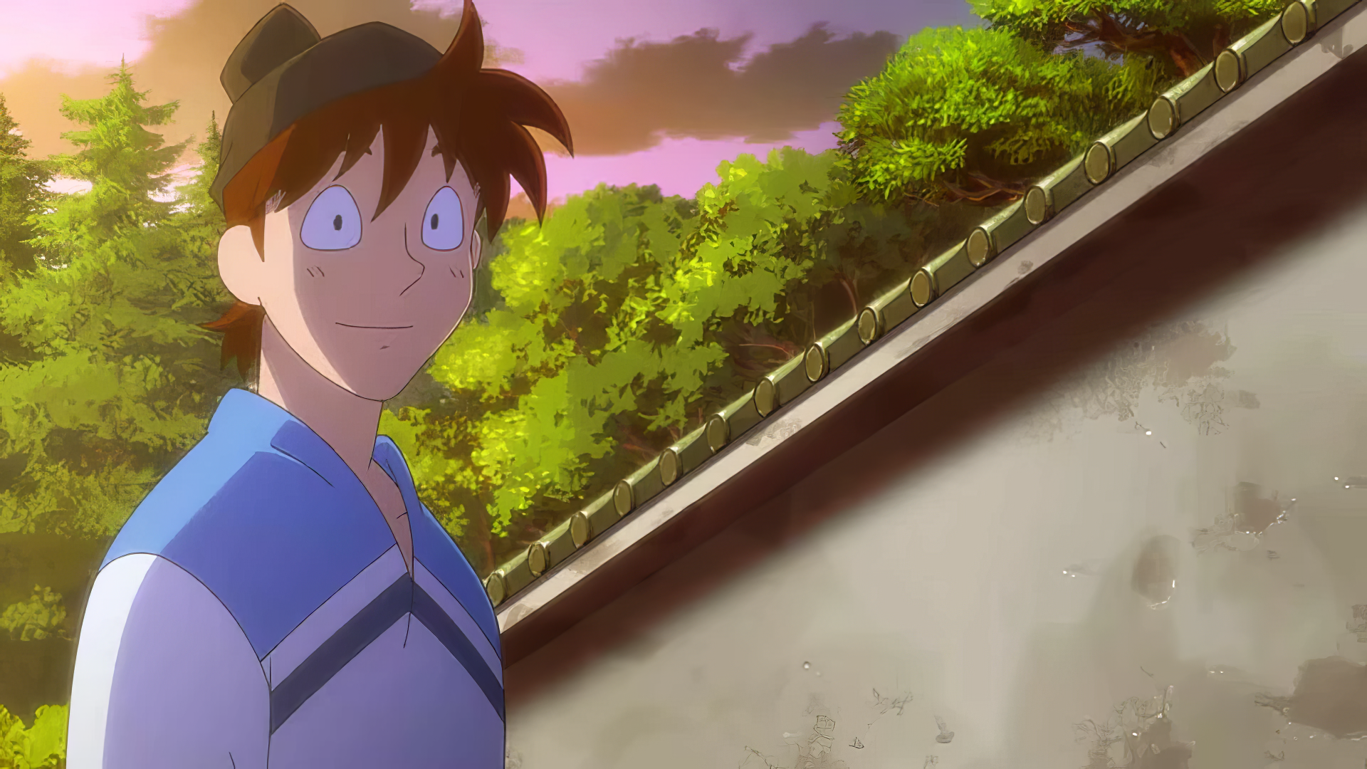 An anime character with messy brown hair and a cheerful expression stands against a scenic backdrop, featured in the HD desktop wallpaper for Gekijouban Nintama Rantarou: Dokutake Ninja Tai Saikyou no Gunshi.