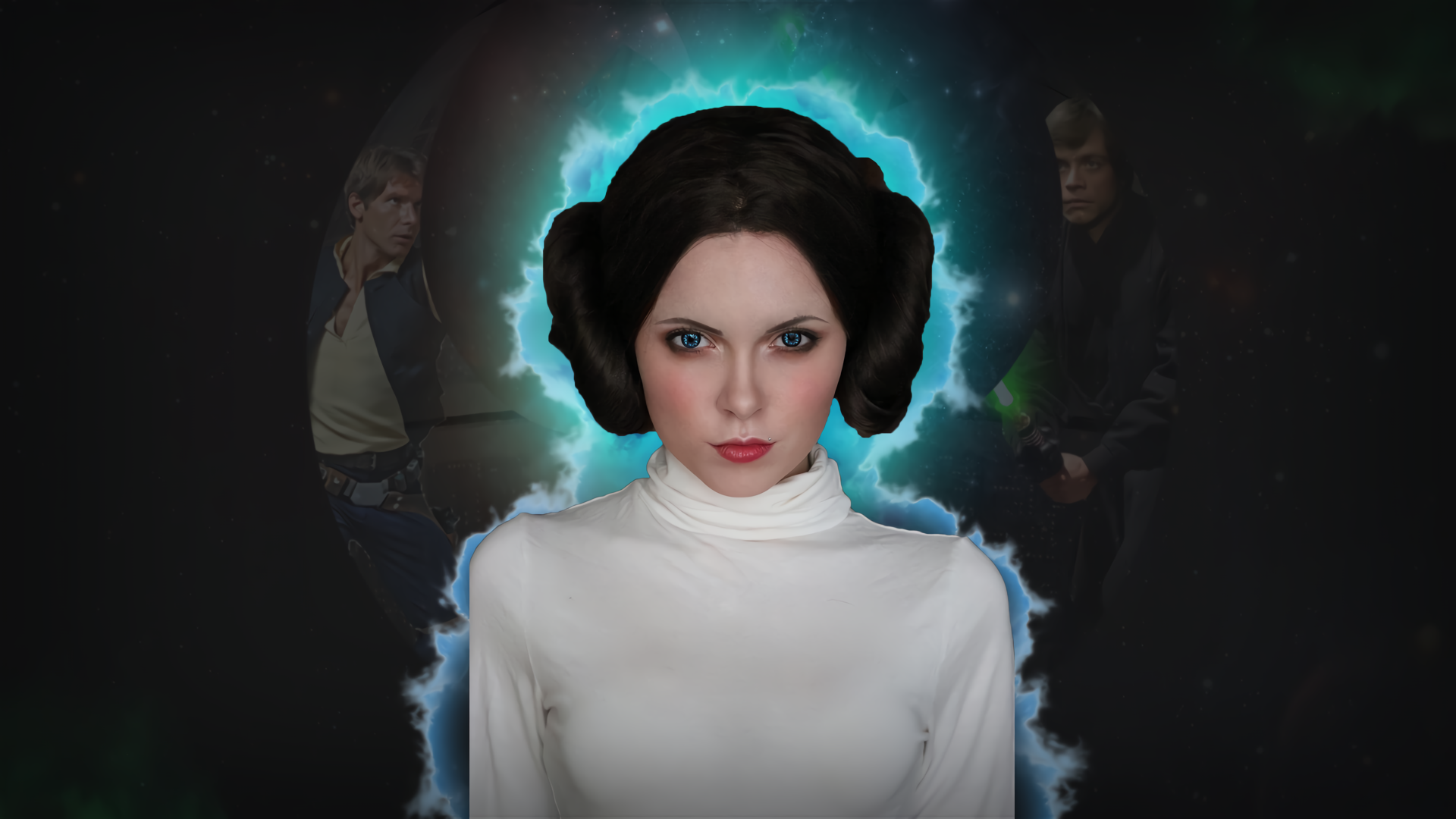 Cosplay of Princess Leia Organa highlighted against a vibrant blue aura, showcasing her iconic hairstyle and outfit, set in a dynamic Star Wars-themed HD wallpaper.