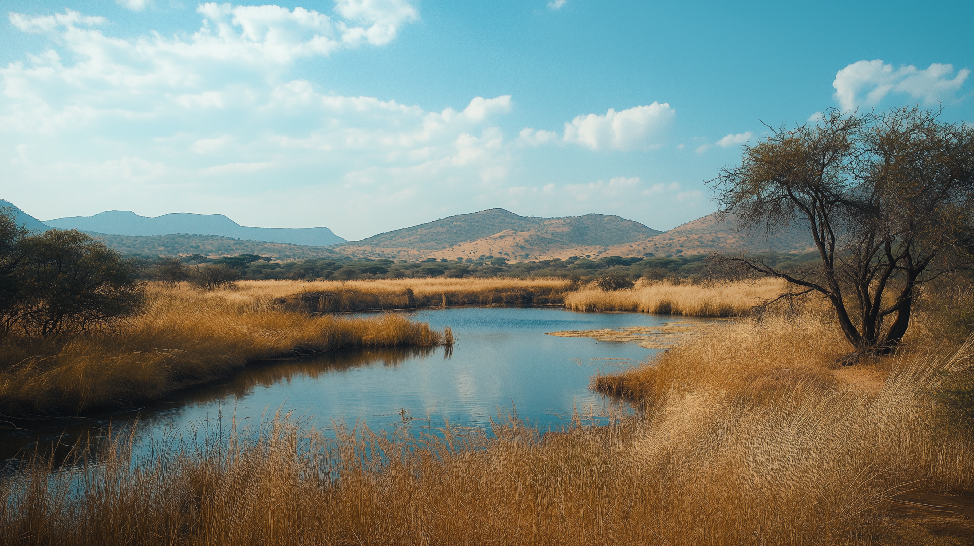 HD desktop wallpaper of a serene safari landscape featuring a calm lake, golden grasses, and distant mountains under a bright blue sky.