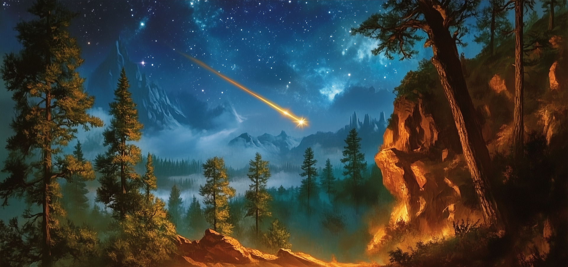 A stunning HD desktop wallpaper featuring a shooting star streaking across a starry sky above a serene forest landscape, with mountains and mist creating a tranquil atmosphere.