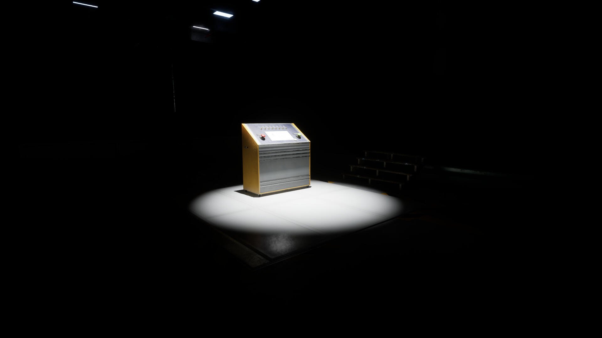 A striking 4K Ultra HD wallpaper from the video game The Cabin Factory, featuring a solitary object illuminated in a dark environment, creating a mysterious atmosphere.