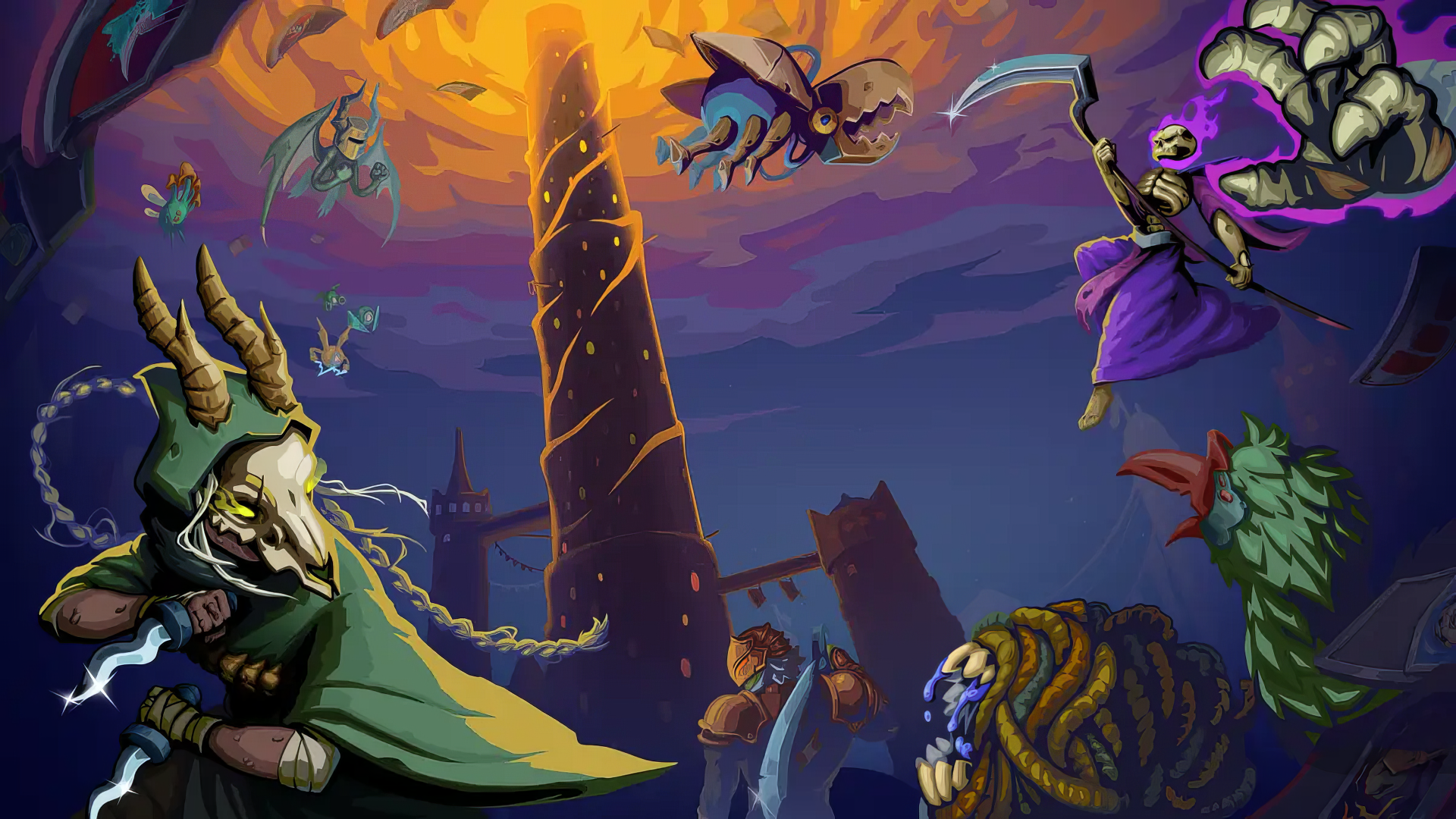 A vivid HD wallpaper featuring characters from Slay the Spire 2, set against a dramatic backdrop of a towering structure and dynamic creatures in an epic fantasy scene.