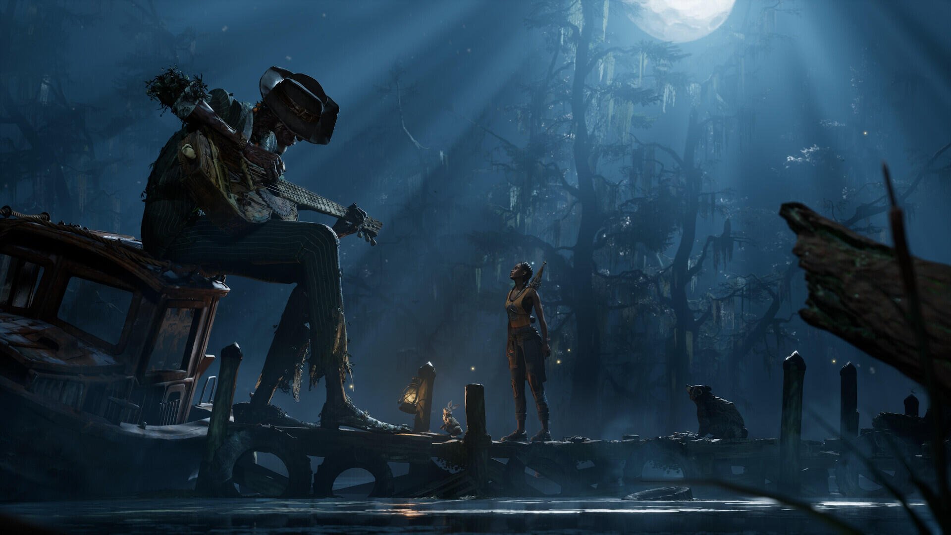 A captivating HD desktop wallpaper from the video game South of Midnight, featuring a large figure playing guitar under a full moon, surrounded by an atmospheric, shadowy landscape.