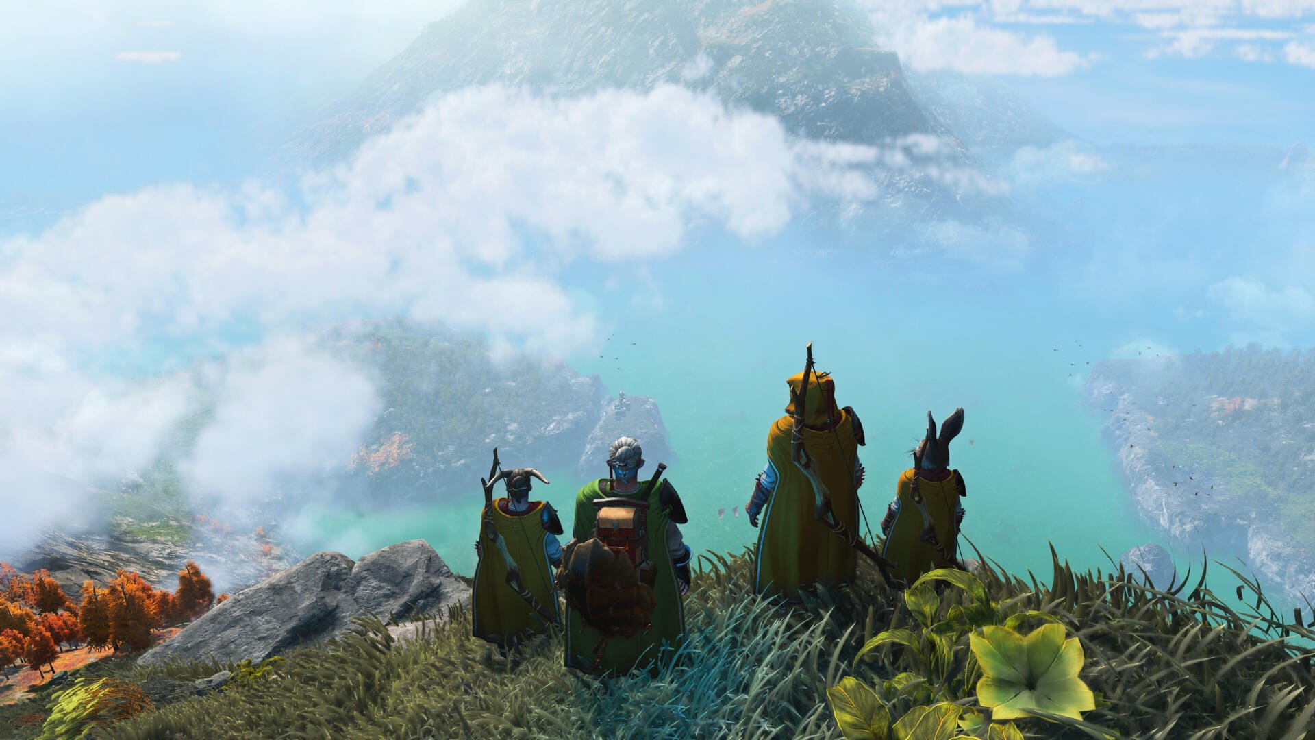 A stunning 4K Ultra HD wallpaper from the video game Light No Fire, featuring four characters gazing at a vibrant landscape with mountains and a shimmering ocean.