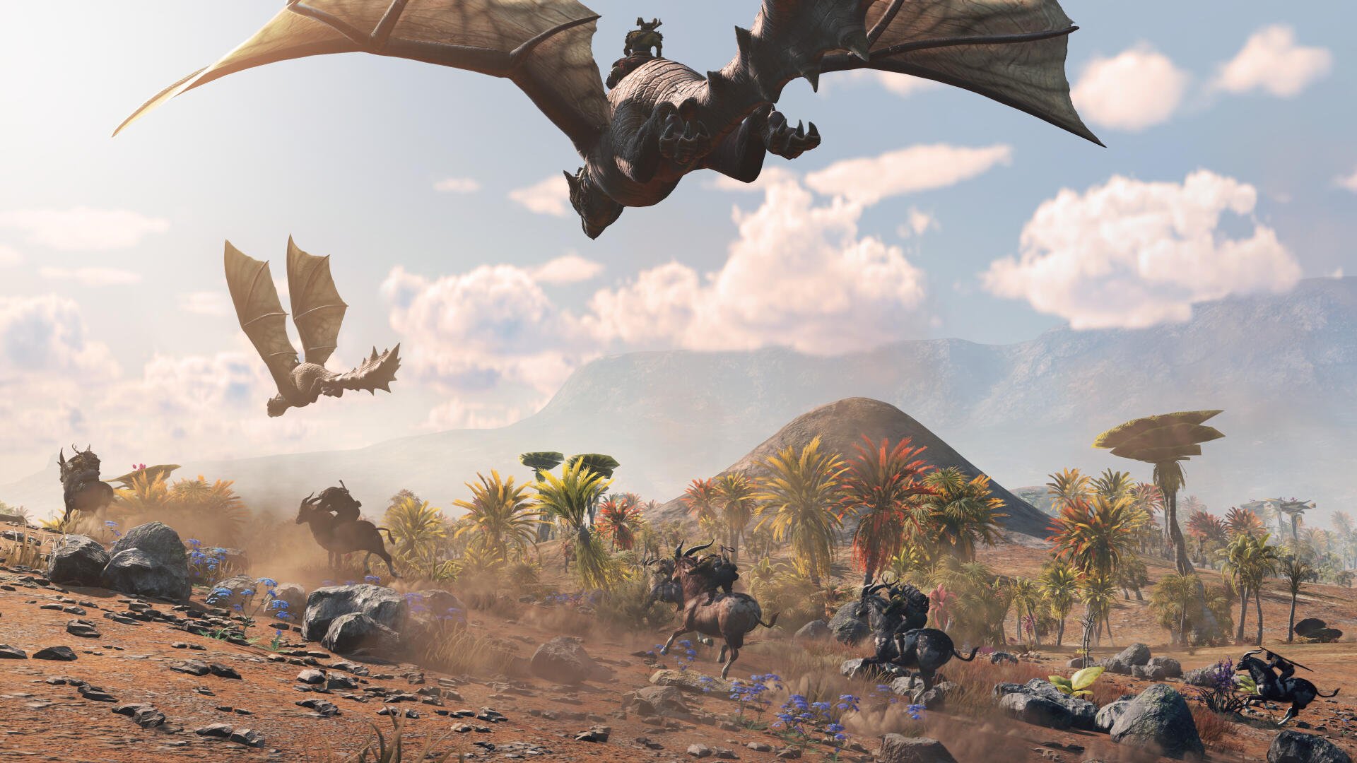 A stunning 4K Ultra HD wallpaper showcasing a fantastical landscape from the video game Light No Fire, featuring dragons soaring above a vibrant terrain filled with exotic flora and fauna.