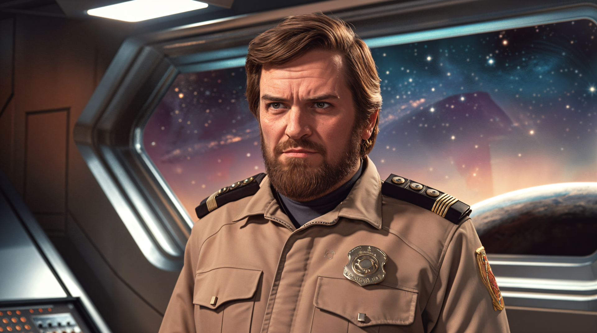 A grumpy character in a beige uniform stands in a spaceship's control room, with a starry universe visible through the window. High-quality 4K Ultra HD desktop wallpaper.