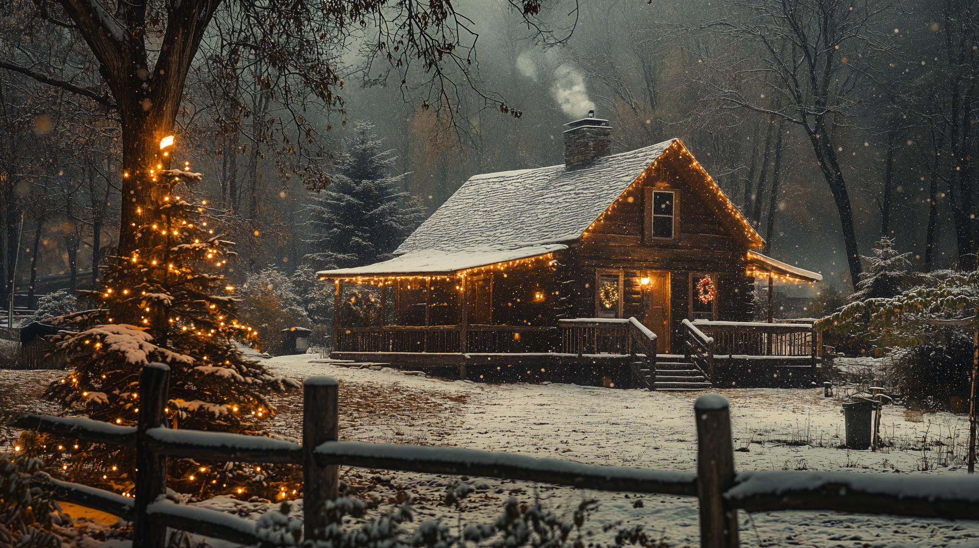 A cozy rustic cabin adorned with holiday lights stands amidst gently falling snow, surrounded by evergreen trees, creating a serene winter scene. 4K Ultra HD desktop wallpaper.