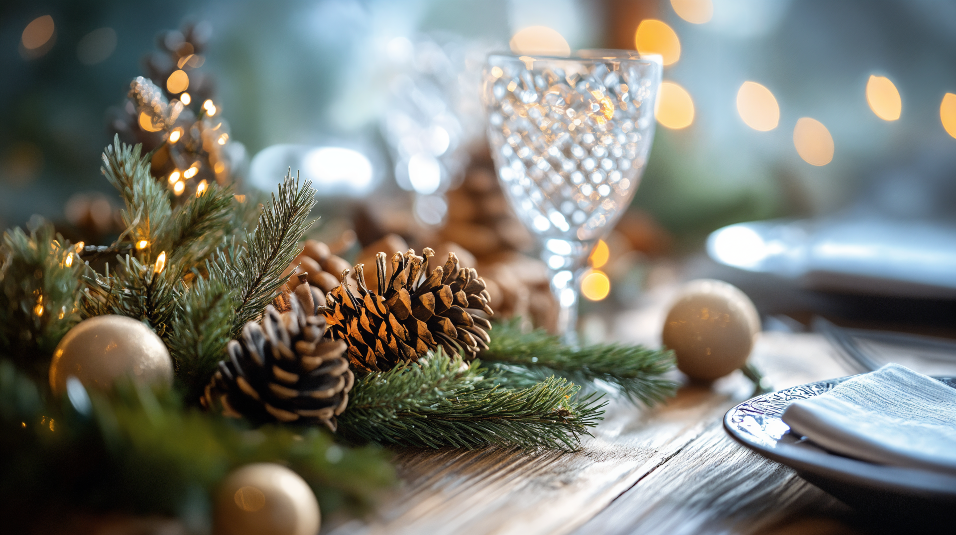 A cozy rustic holiday scene featuring pinecones, evergreen foliage, and elegant glassware, illuminated by soft bokeh lights, creating a warm, inviting atmosphere in 4K Ultra HD.