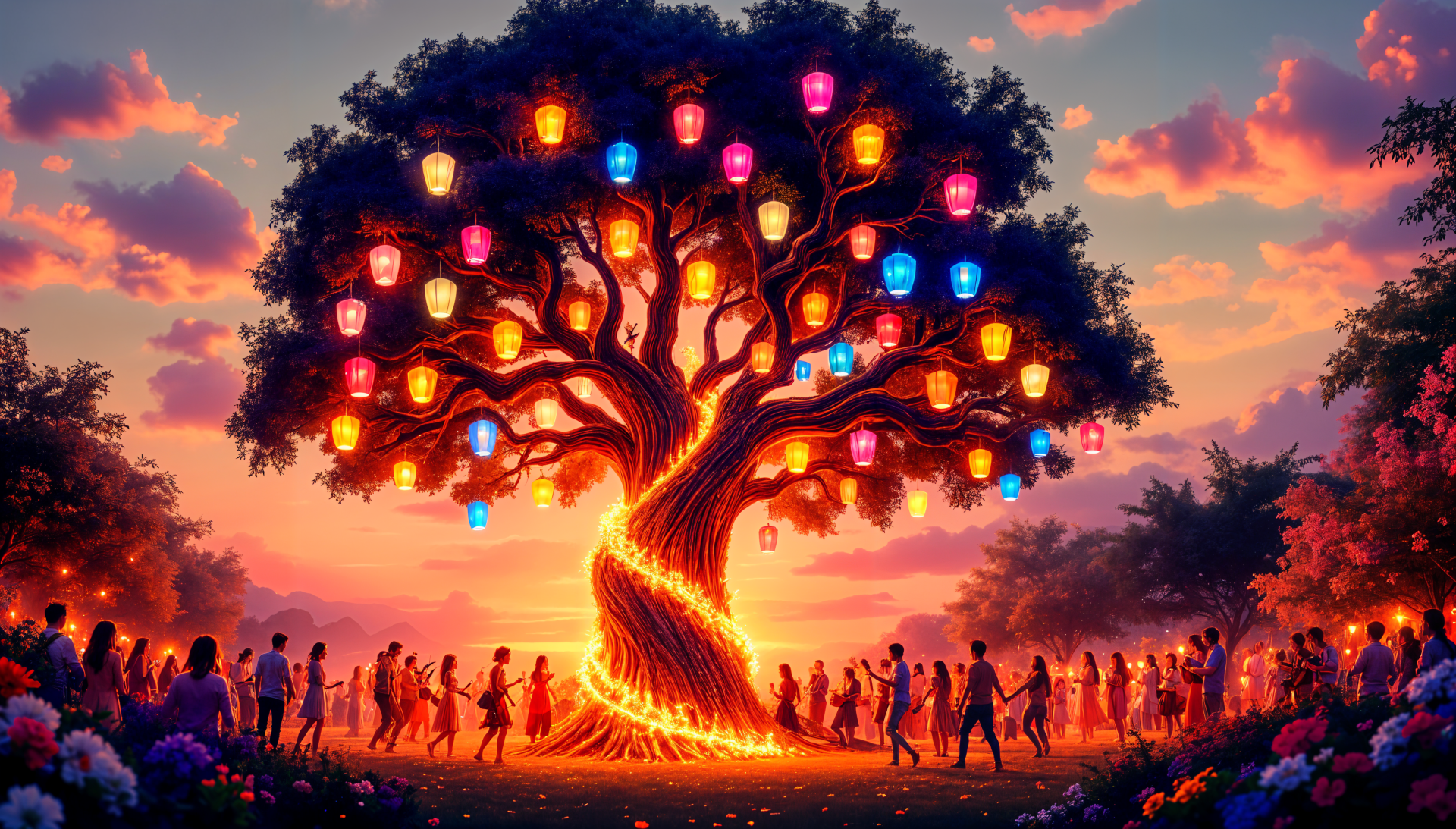 A vibrant, joyful holiday scene featuring a large illuminated tree surrounded by people celebrating, with colorful lanterns casting a warm glow against a sunset sky. 4K Ultra HD quality.