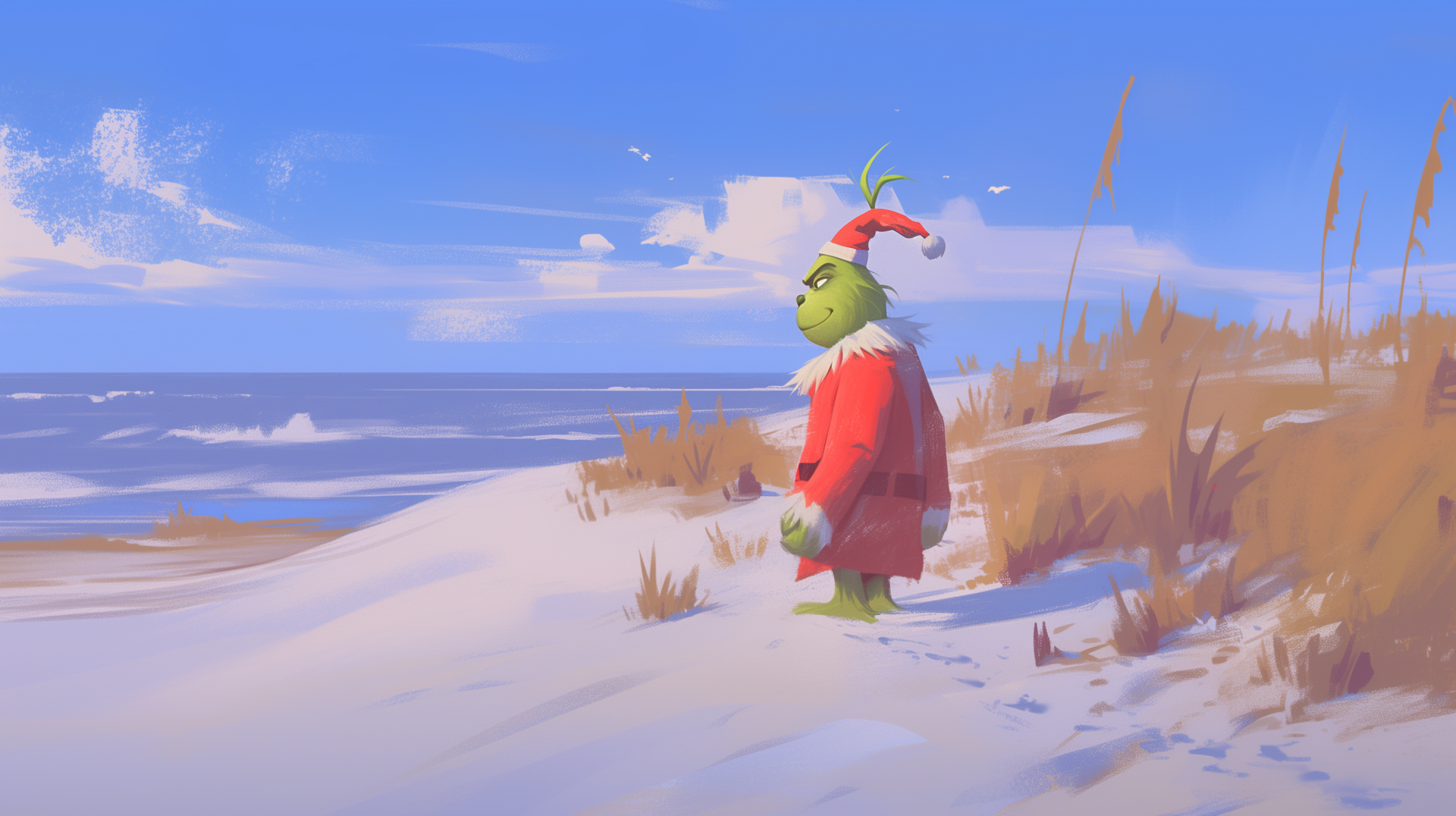 An anime-style HD desktop wallpaper features the Grinch standing on a beach, with gentle waves in the background and a bright blue sky overhead.