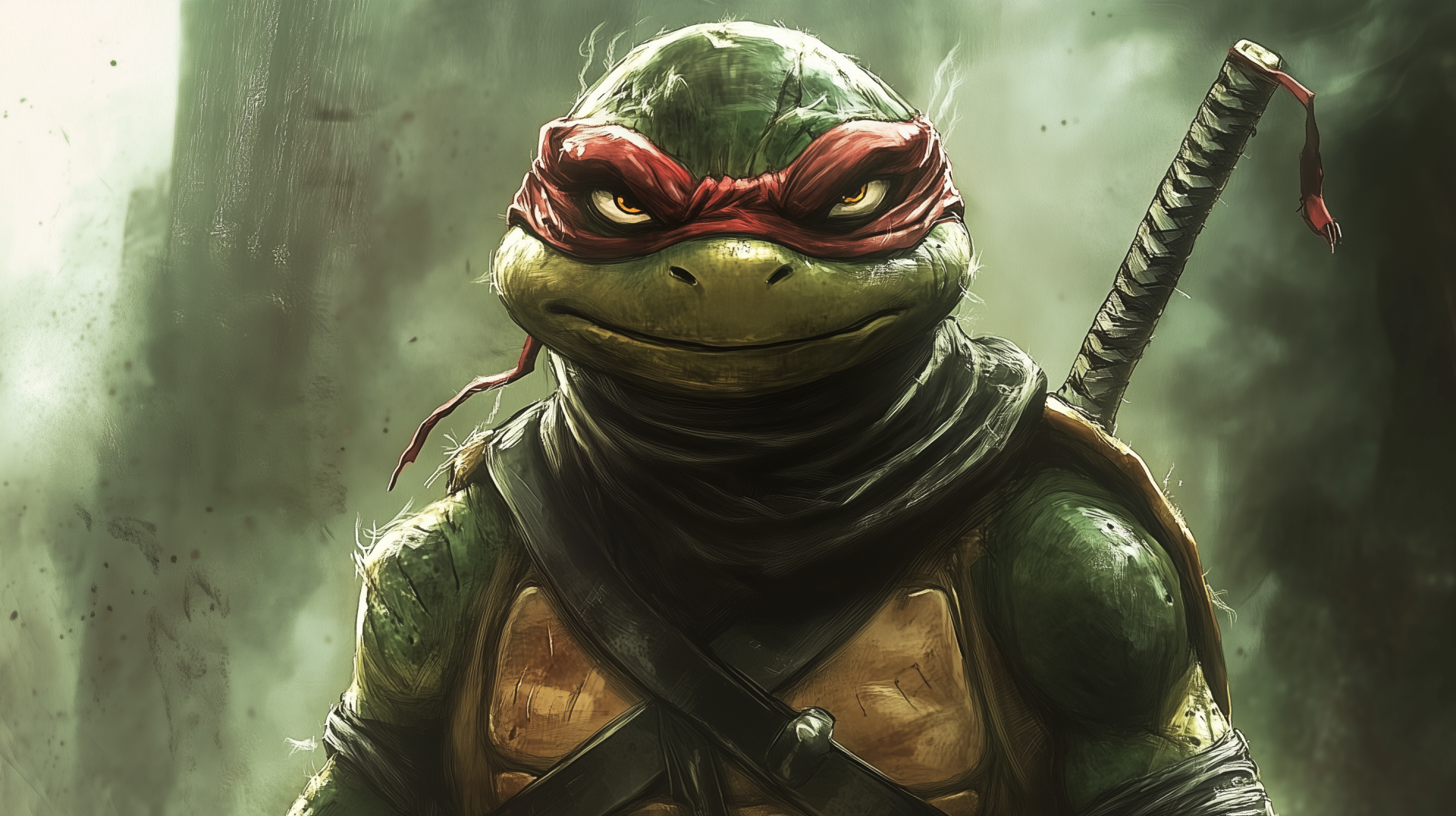 A detailed HD desktop wallpaper featuring Raphael from Teenage Mutant Ninja Turtles, showcasing his fierce expression and iconic red mask against a dark, atmospheric background.
