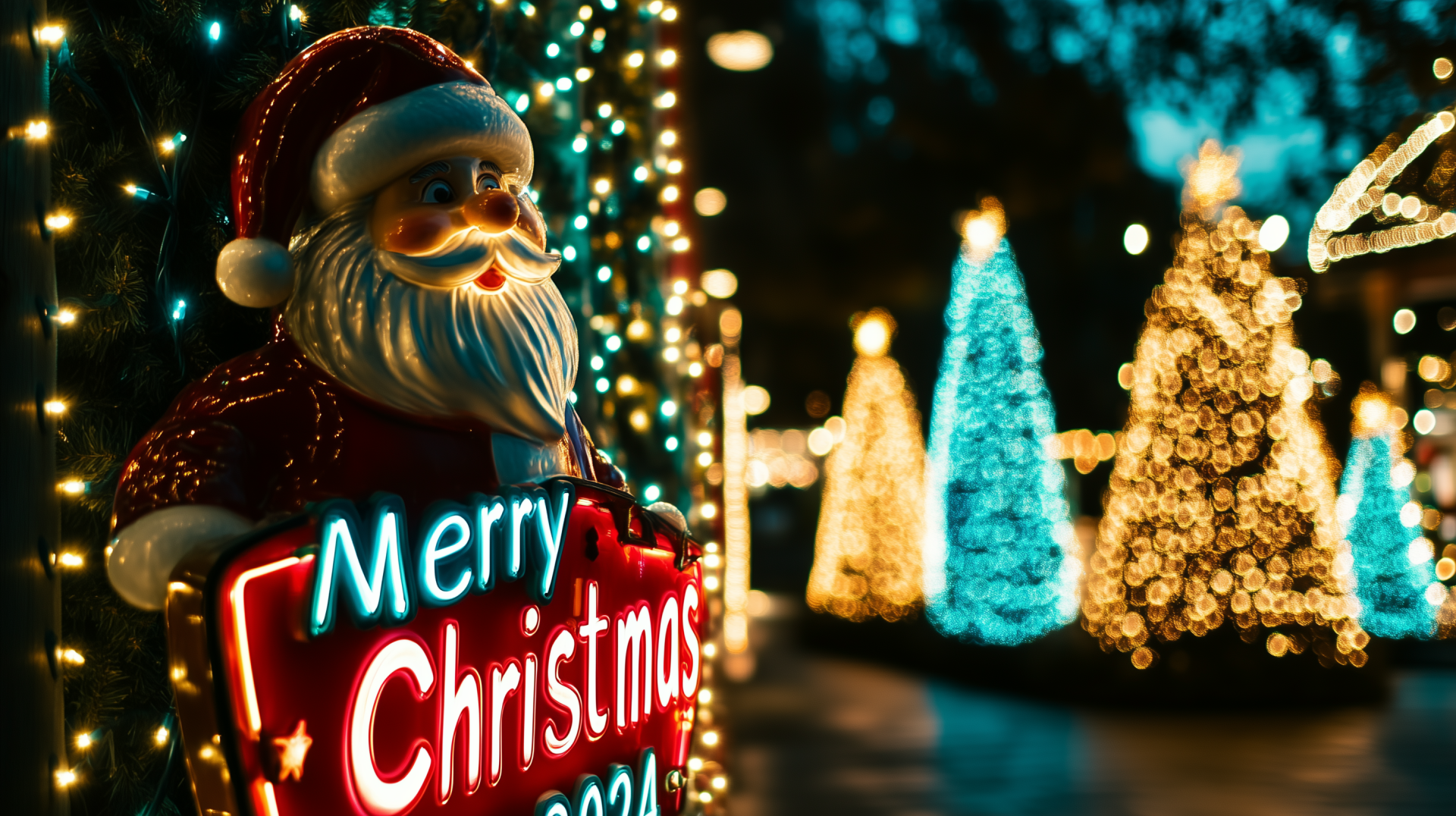 HD desktop wallpaper featuring a festive Santa figure holding a glowing Merry Christmas sign, with illuminated Christmas trees blurred in the background.