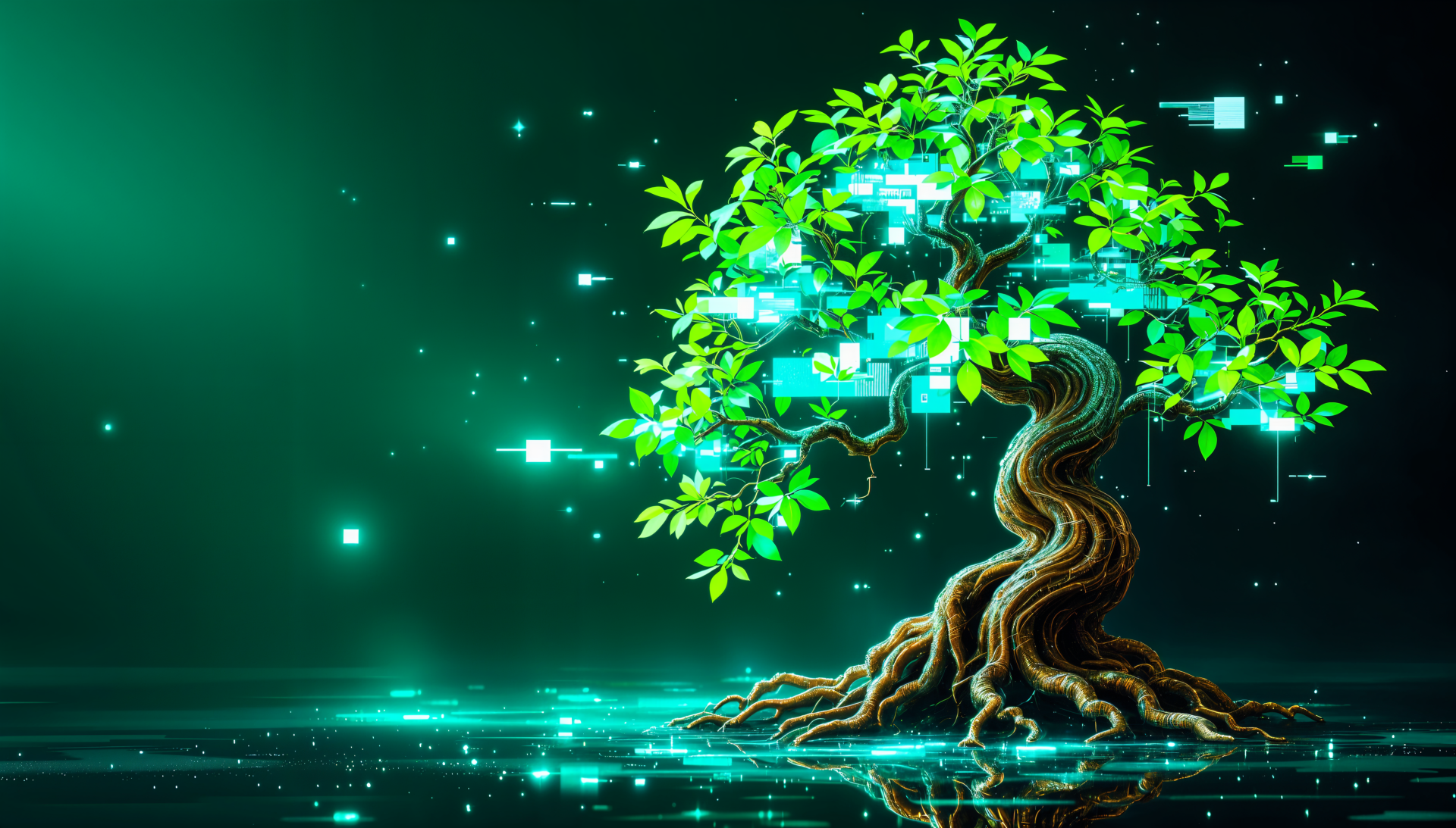 A vibrant bonsai tree with lush green leaves stands against a glowing digital background, captured as a stunning 4K Ultra HD wallpaper for your desktop.