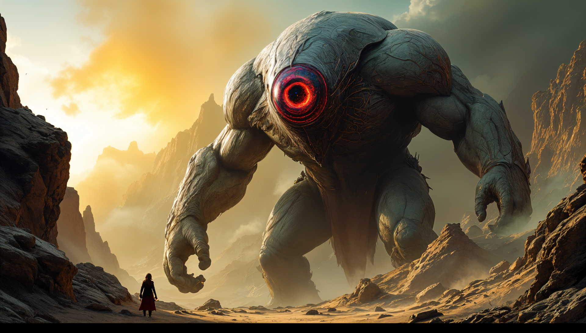 A colossal cyclops stands in a dramatic landscape, showcasing its massive form and glowing eye against a backdrop of mountains and a vibrant sky. 4K Ultra HD desktop wallpaper.