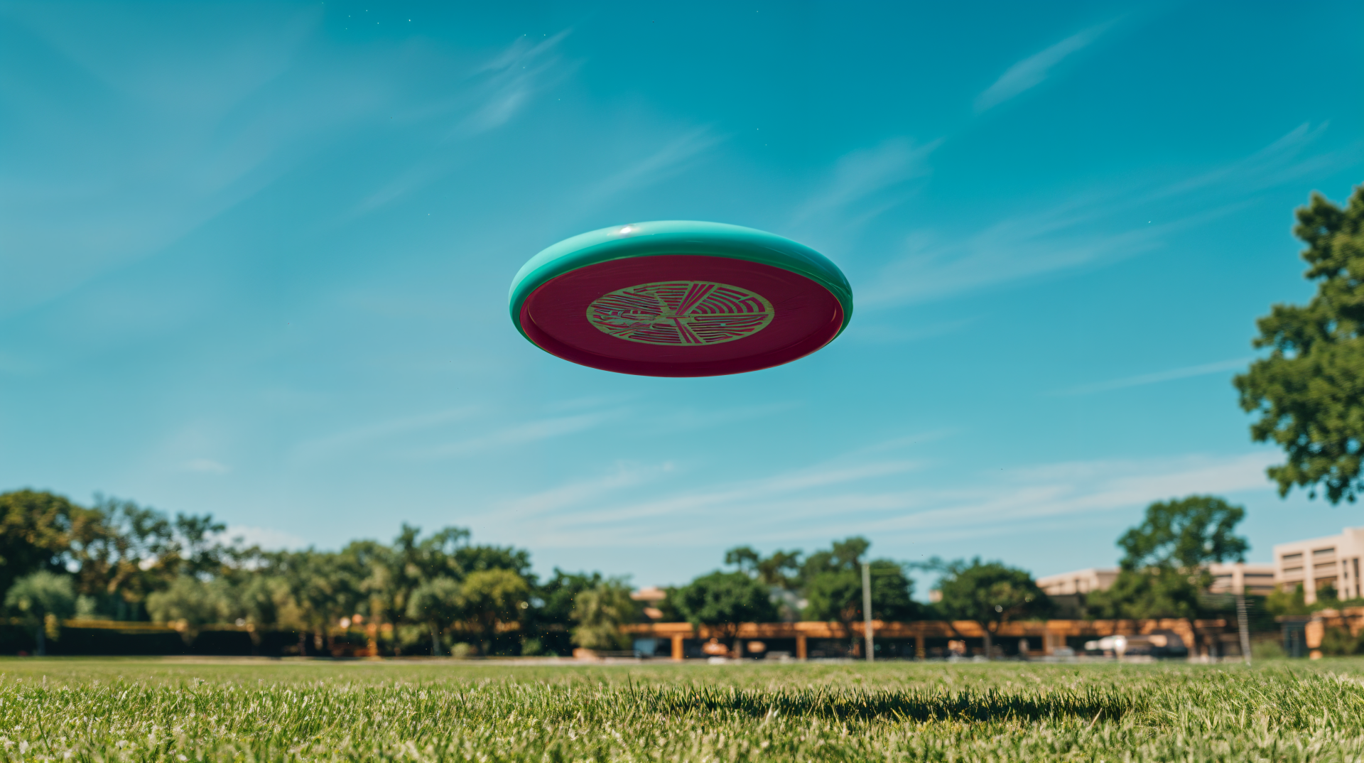 A colorful frisbee hovers above lush green grass under a clear blue sky, featured as a vibrant 4K Ultra HD desktop wallpaper and background.