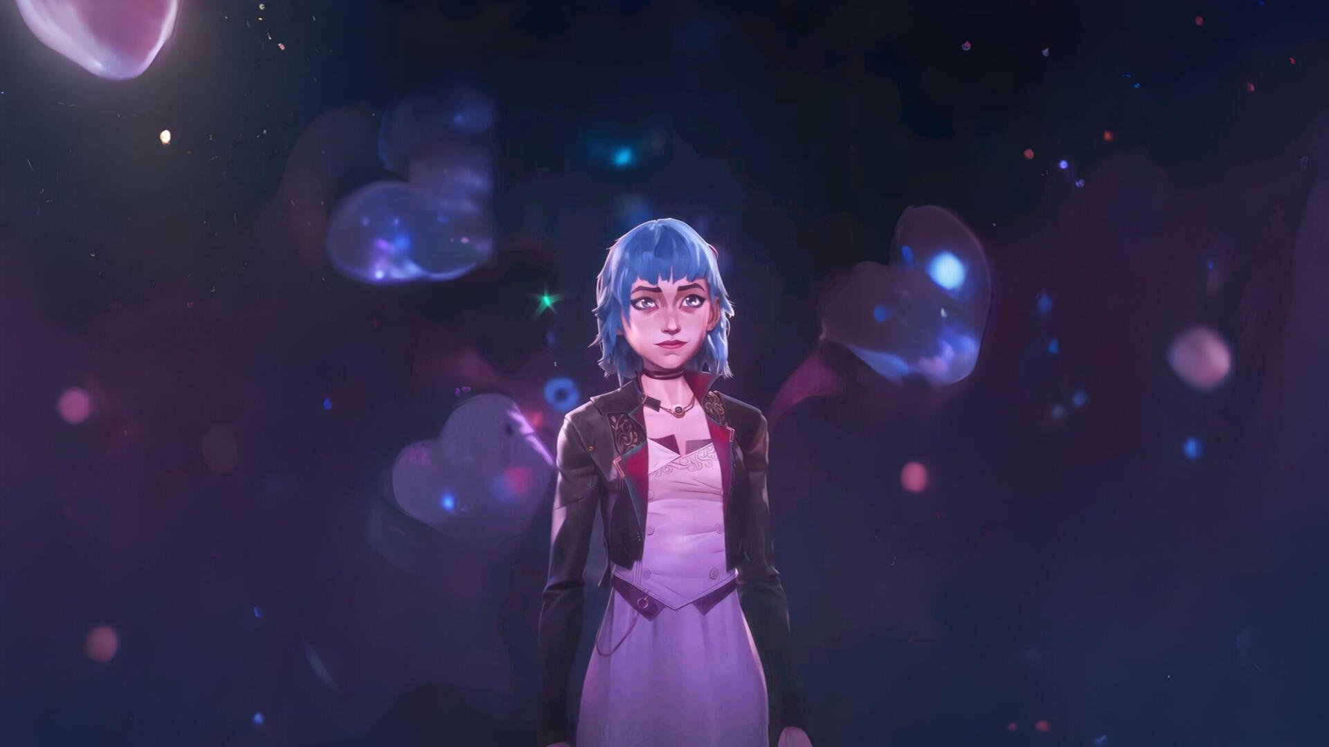 HD desktop wallpaper featuring Jinx from League of Legends and Arcane, set against a dark, abstract background with glowing orbs.