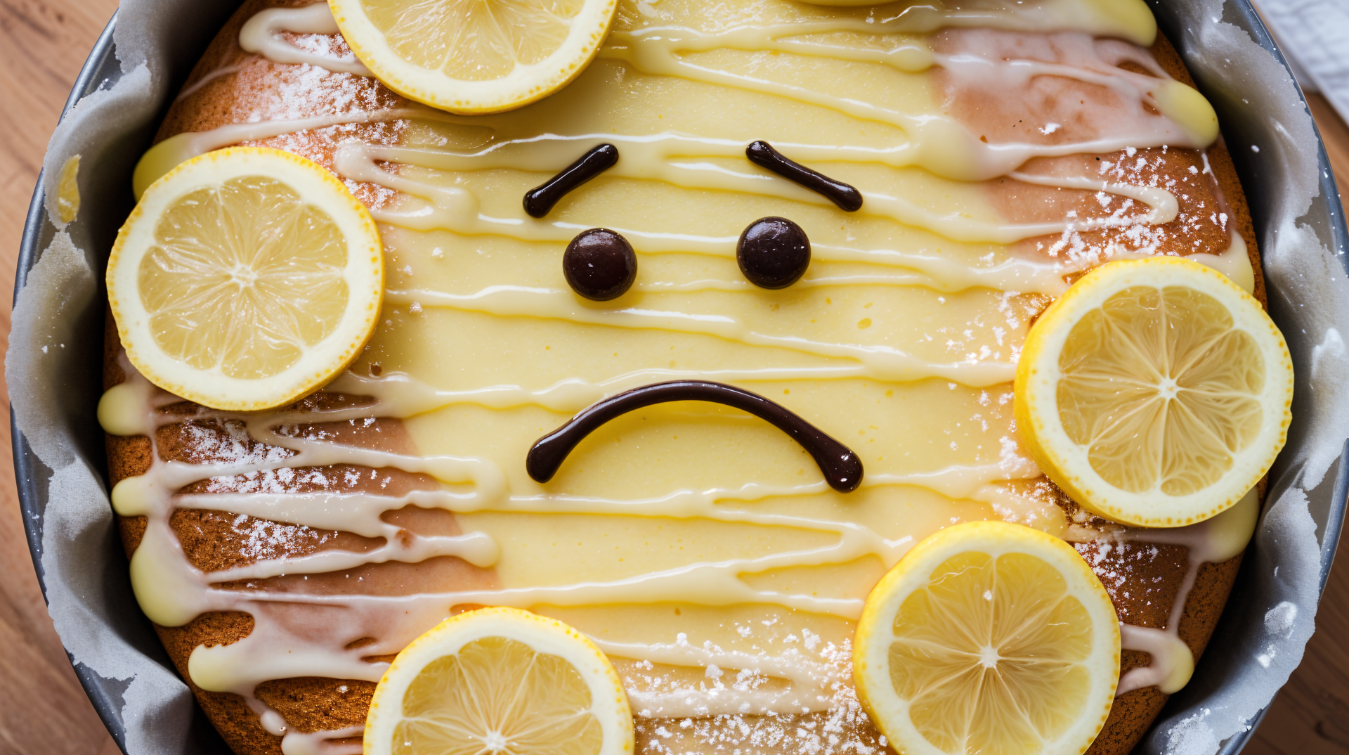 A vibrant lemon drizzle cake topped with lemon slices and a playful drizzle, depicted in a 4K Ultra HD wallpaper, showcasing its delightful, artistic presentation.