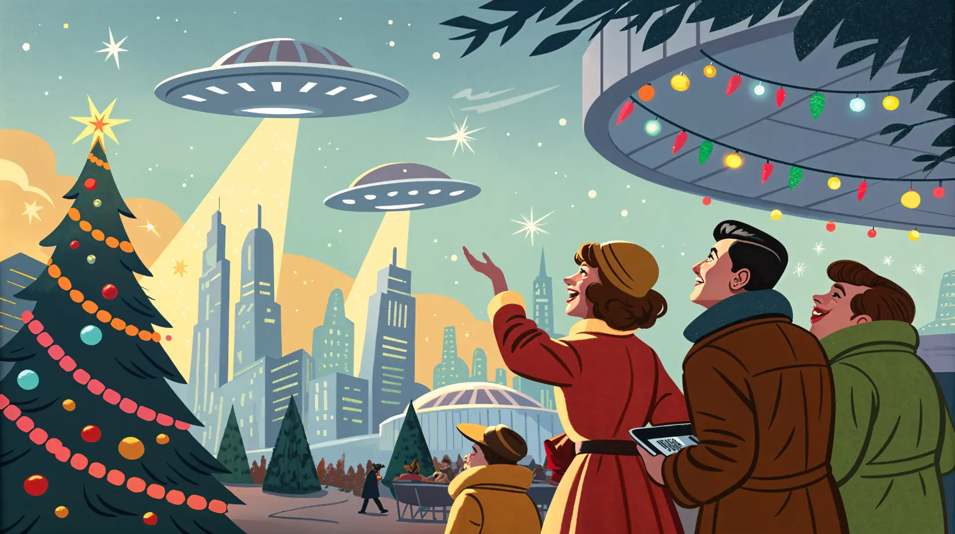 A joyful holiday scene featuring people admiring festive decorations, a Christmas tree, and UFOs above a city skyline, all set in a colorful 4K Ultra HD wallpaper.