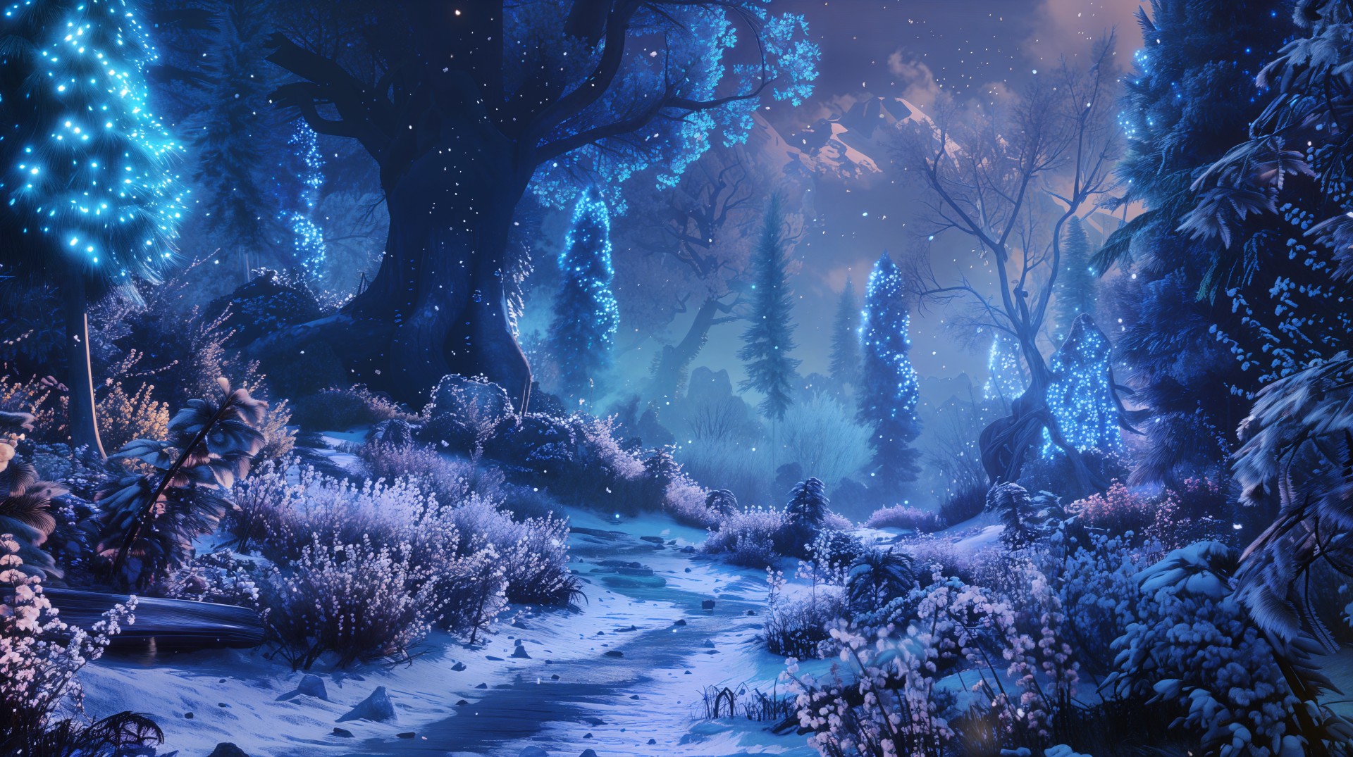 A 4K Ultra HD fantasy forest blanketed in snow under a starry winter night sky, with glowing blue trees and a mystical, serene atmosphere.