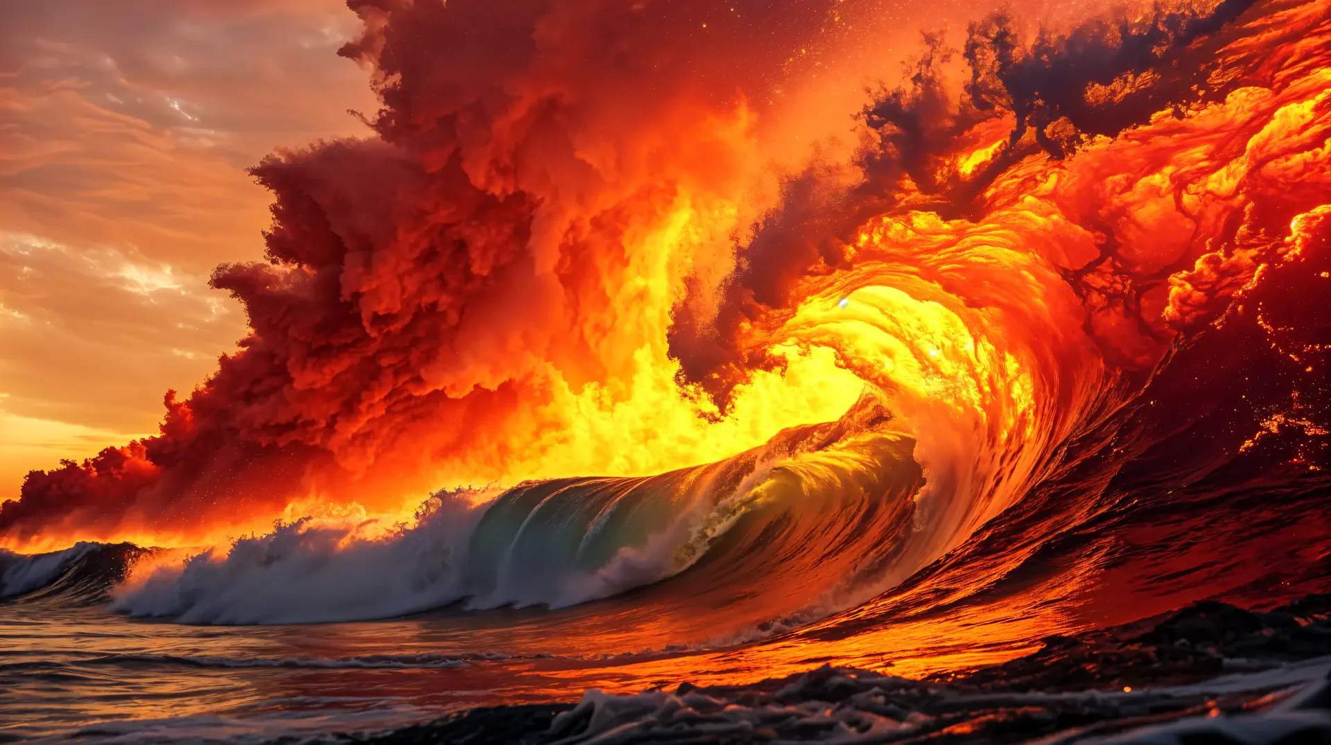 A stunning 4K Ultra HD wallpaper depicting a fiery wave, with vibrant orange and red hues against a dramatic sky, capturing the raw beauty of nature in motion.