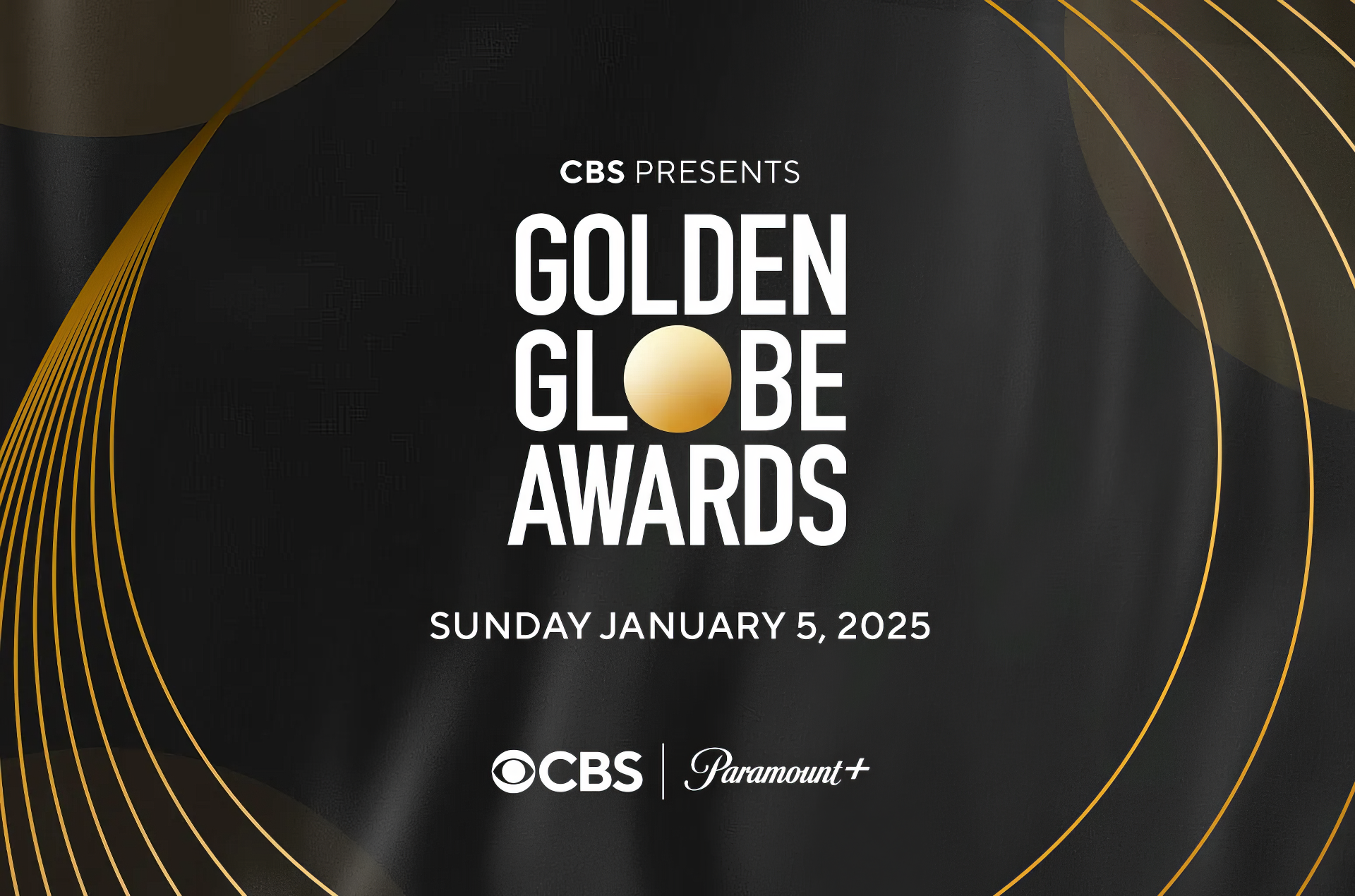 Gold and black themed desktop wallpaper featuring the Golden Globe Awards logo, highlighting the event date of January 5, 2025, presented by CBS and Paramount+.