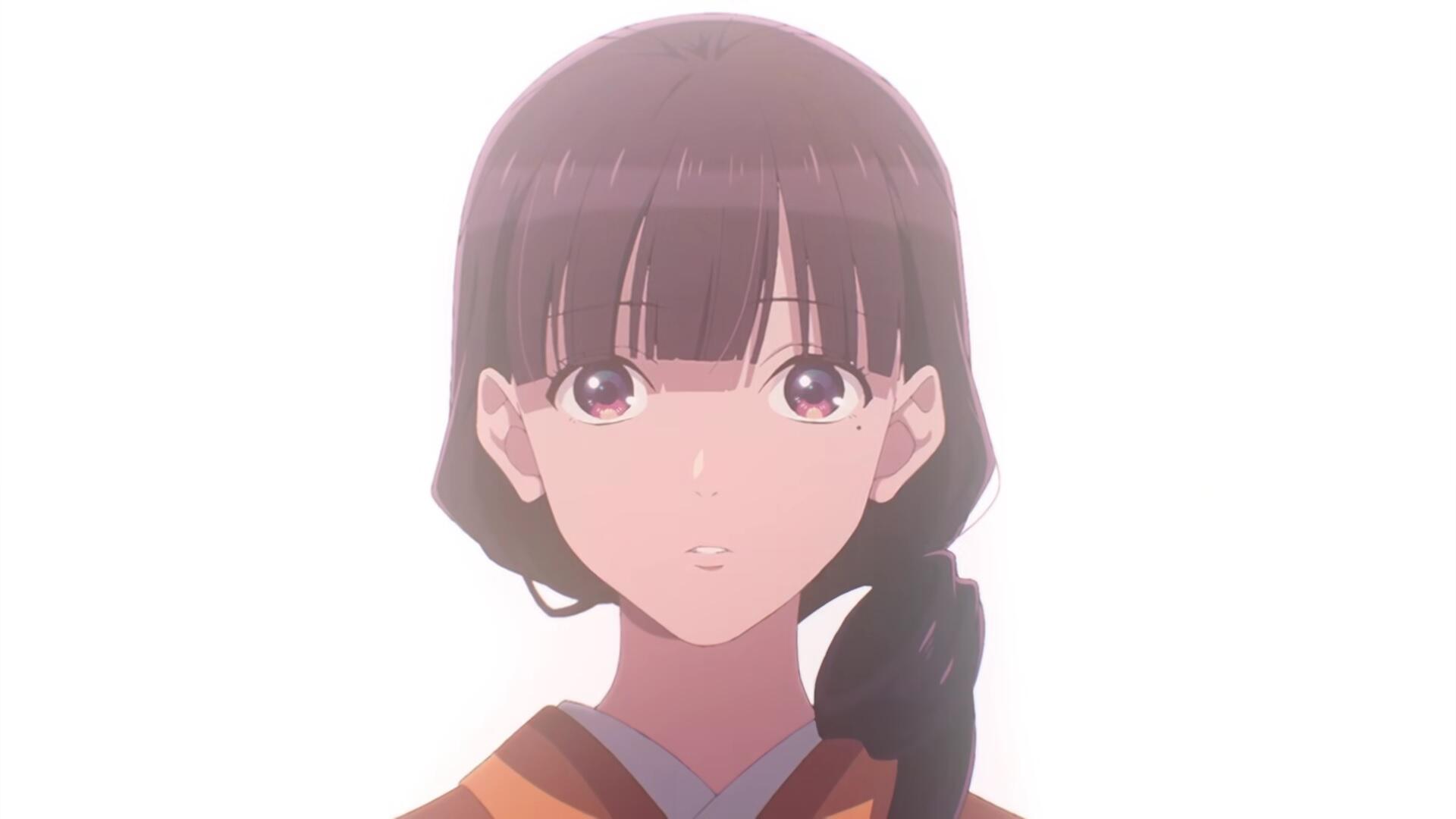 A serene HD desktop wallpaper featuring Miyo Saimori from the anime My Happy Marriage, showcasing her gentle expression and beautiful braided hair against a soft background.