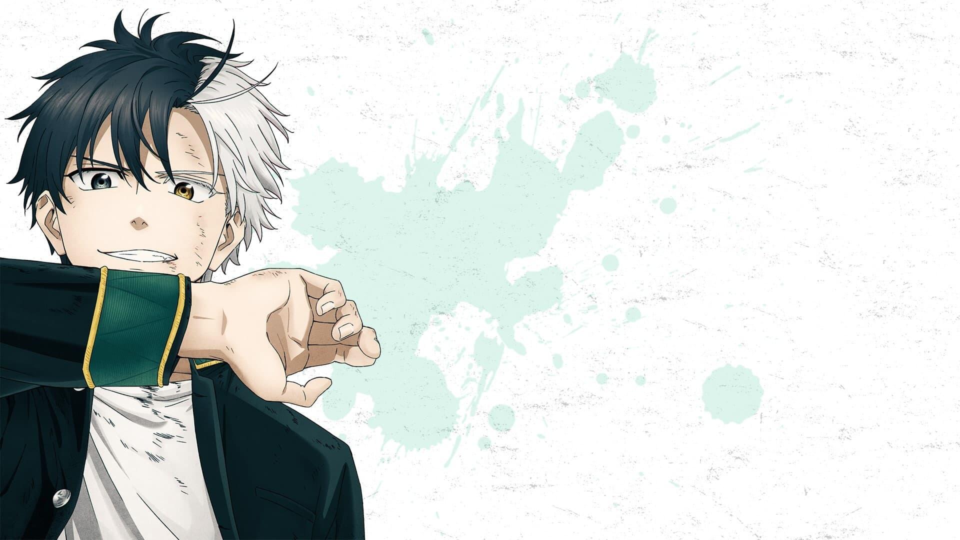 HD PC desktop wallpaper featuring an anime character wearing a wind breaker, set against a light, abstract background with subtle splashes of color.