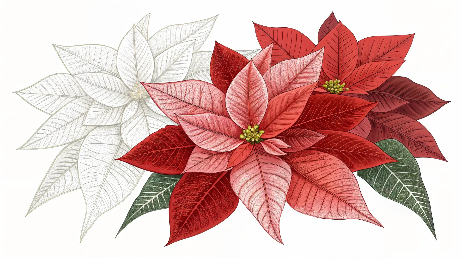 A vibrant 4K Ultra HD wallpaper featuring red and white poinsettia flowers, highlighting their intricate leaves and floral details against a soft background.